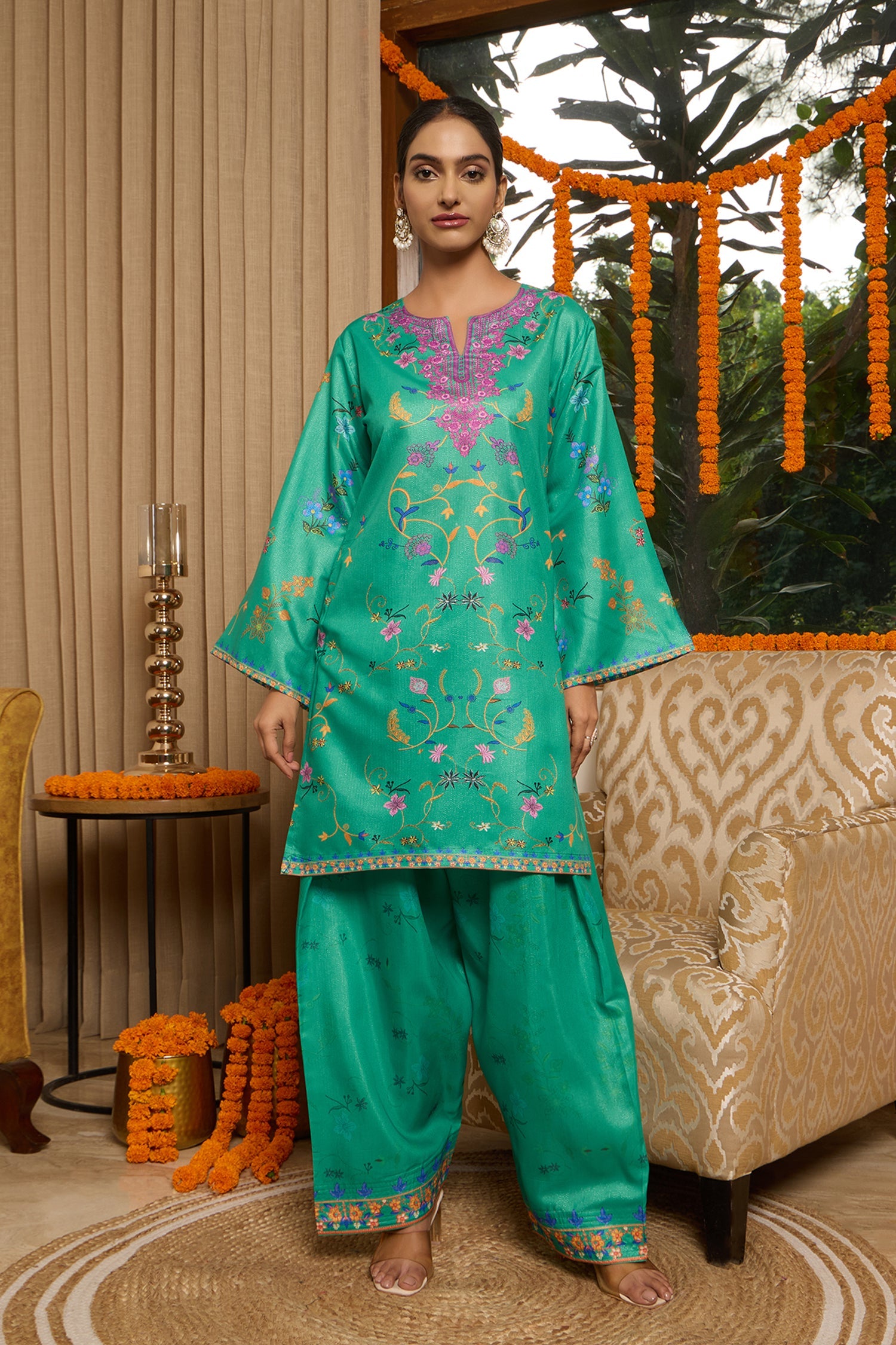 Lawn Cotton Shimmer Printed Cord Set with Multicolor Print & Farsi Bottom - Emerald Green