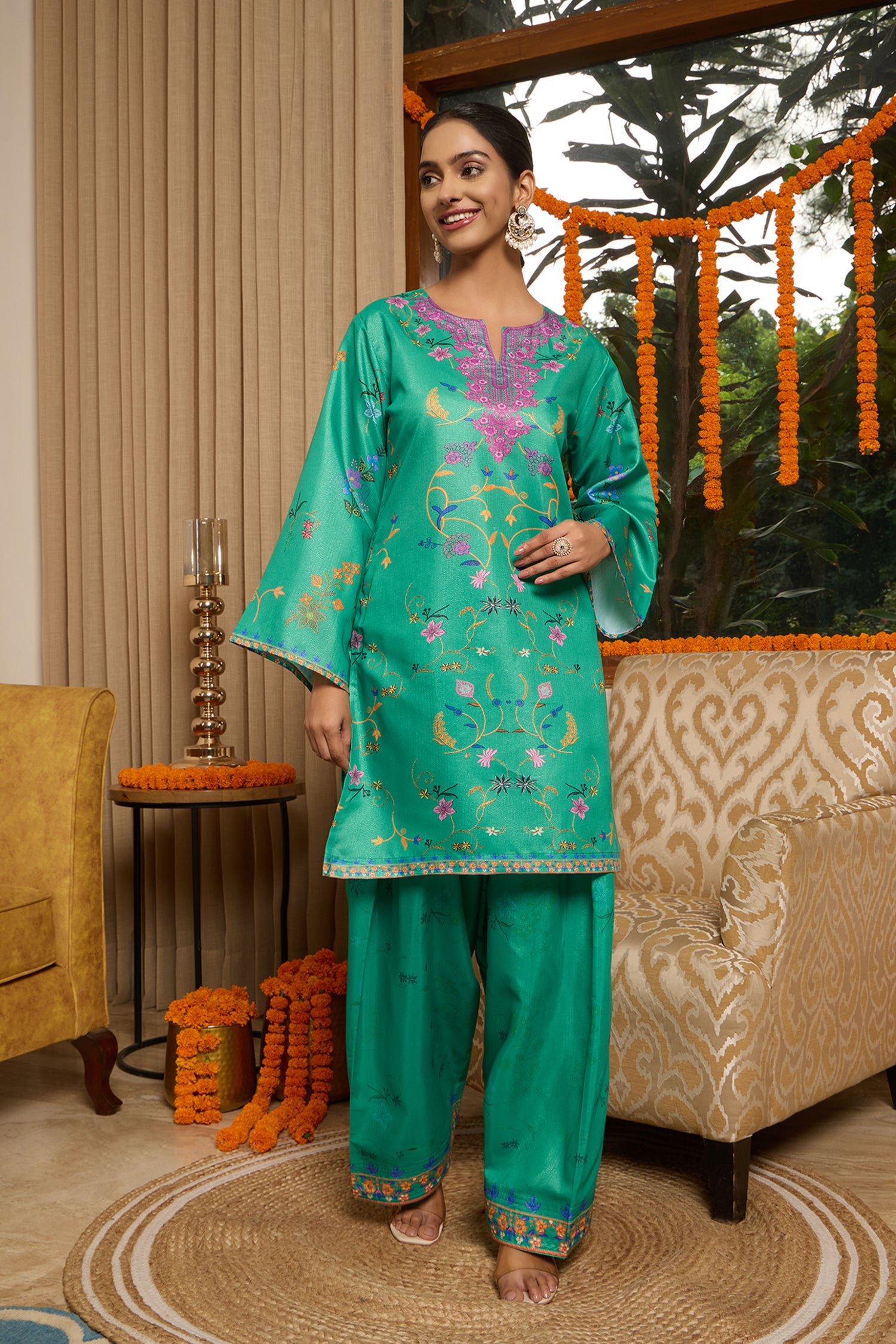 Lawn Cotton Shimmer Printed Cord Set with Multicolor Print & Farsi Bottom - Emerald Green