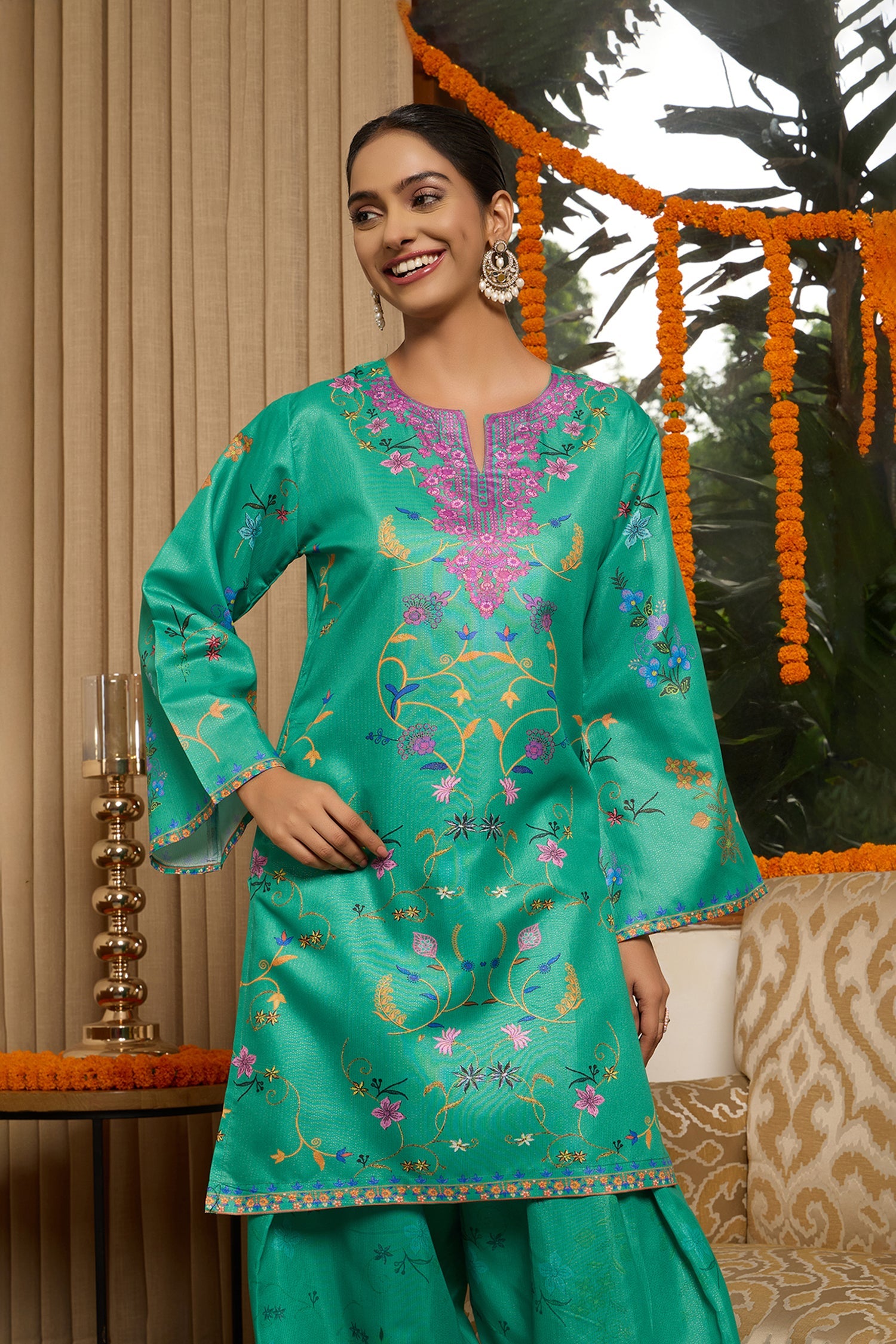 Lawn Cotton Shimmer Printed Cord Set with Multicolor Print & Farsi Bottom - Emerald Green