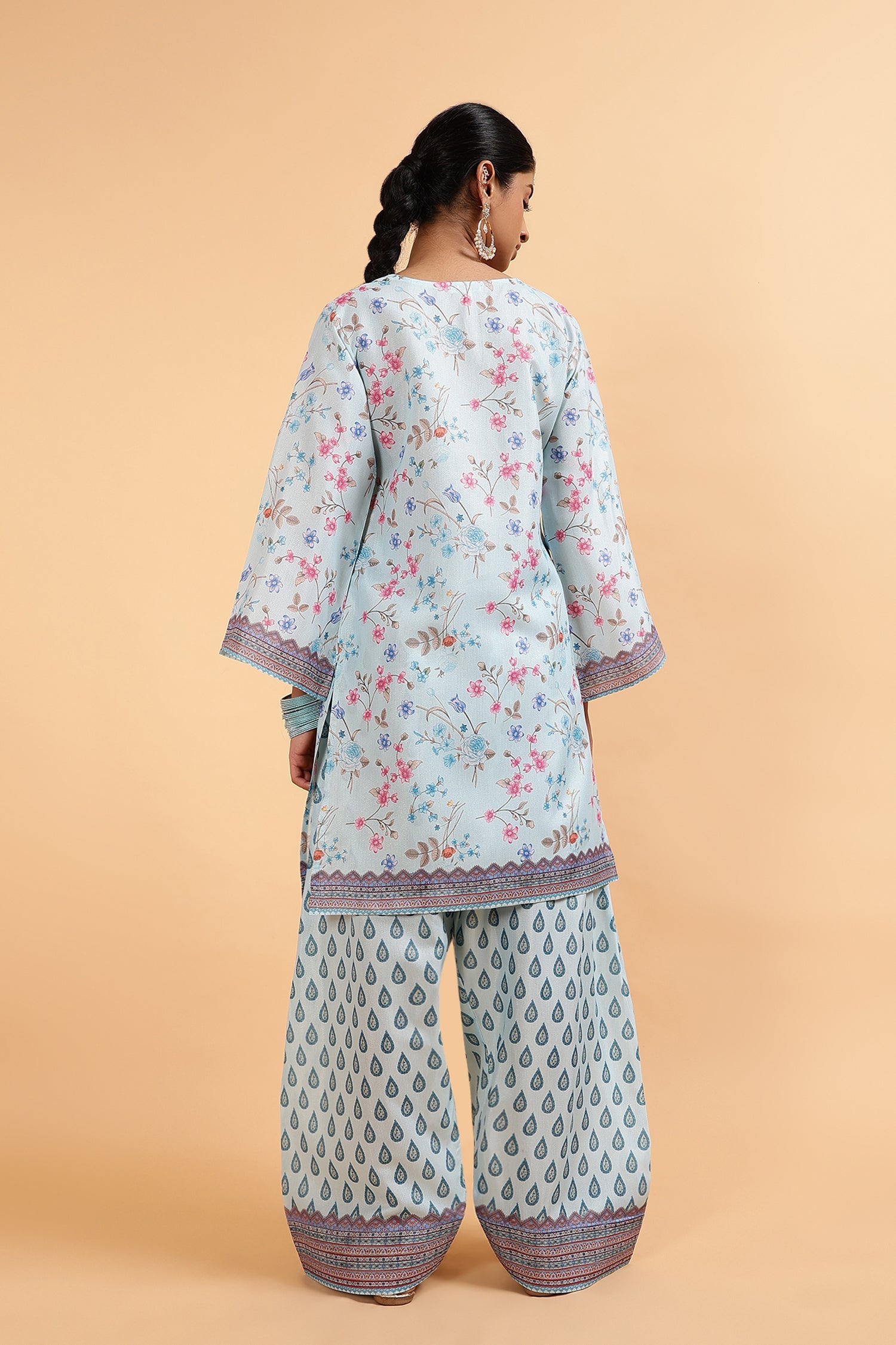 Lawn Cotton Shimmer Printed Cord Set with Floral & Geometric Print - Powder Blue