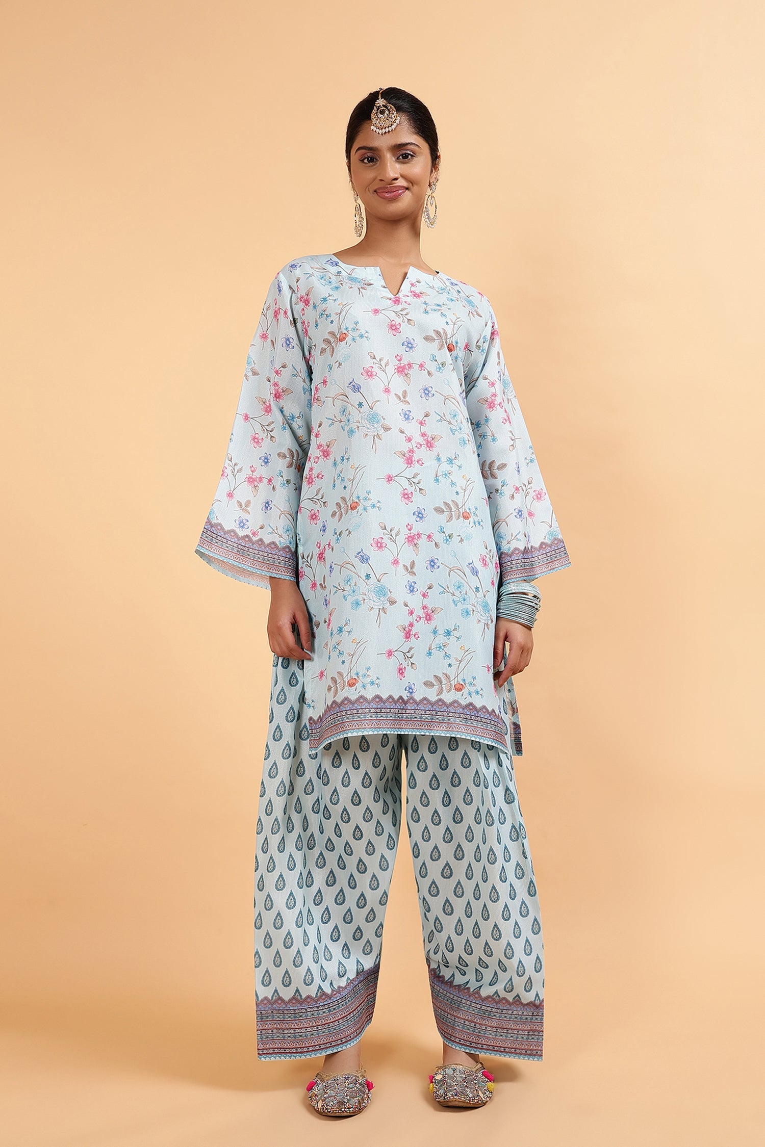 Lawn Cotton Shimmer Printed Cord Set with Floral & Geometric Print - Powder Blue