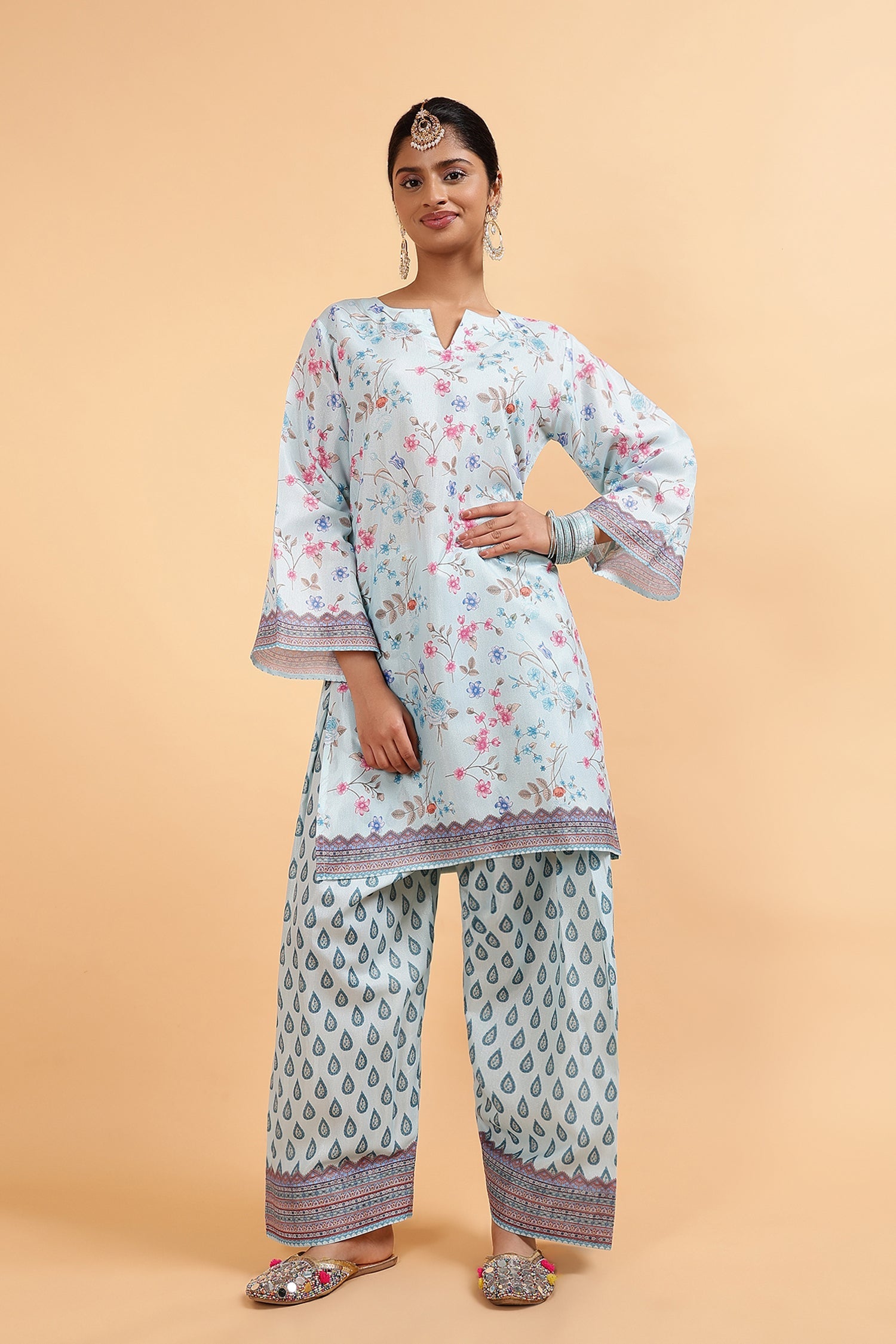 Lawn Cotton Shimmer Printed Cord Set with Floral & Geometric Print - Powder Blue