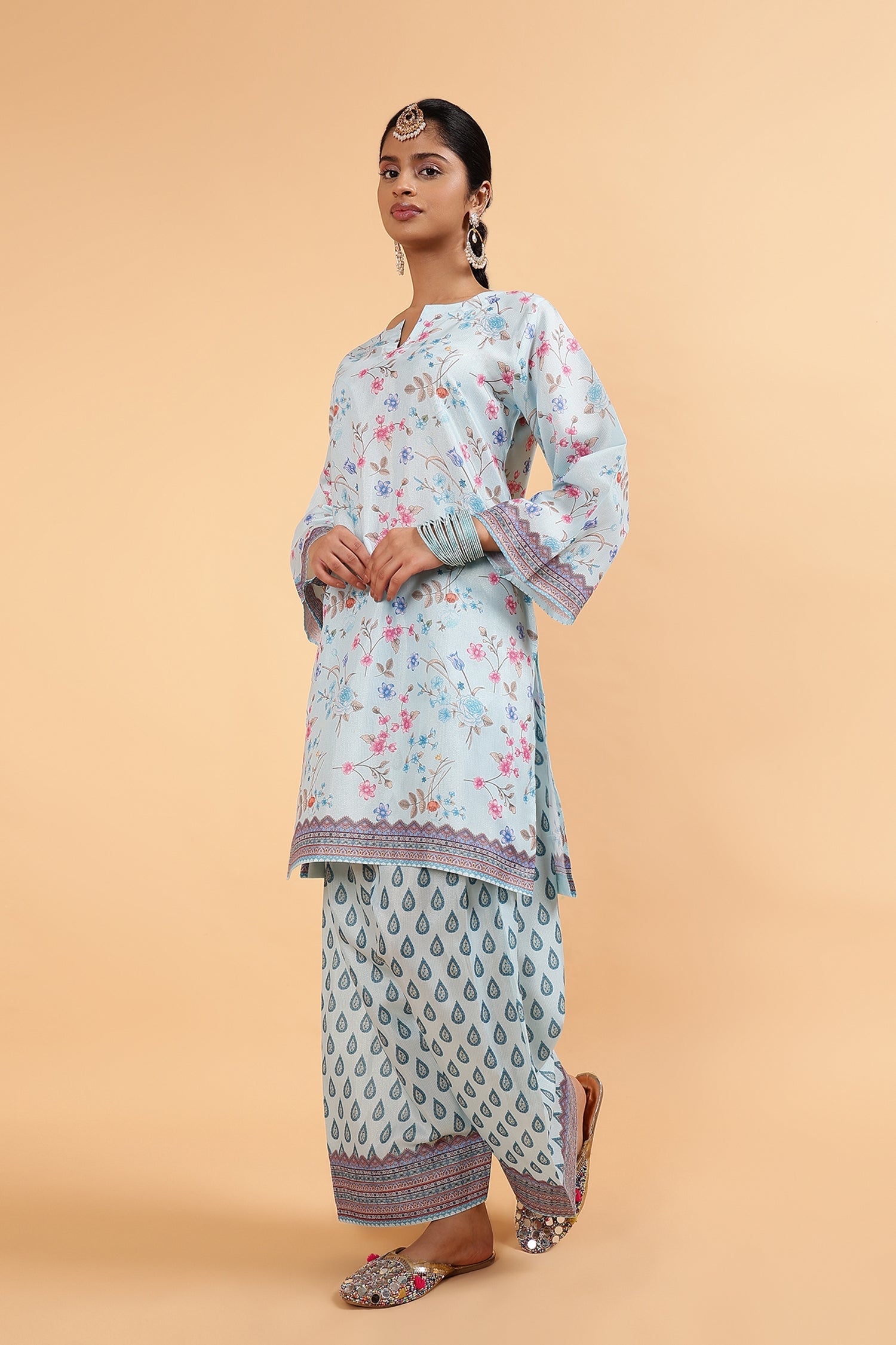 Lawn Cotton Shimmer Printed Cord Set with Floral & Geometric Print - Powder Blue