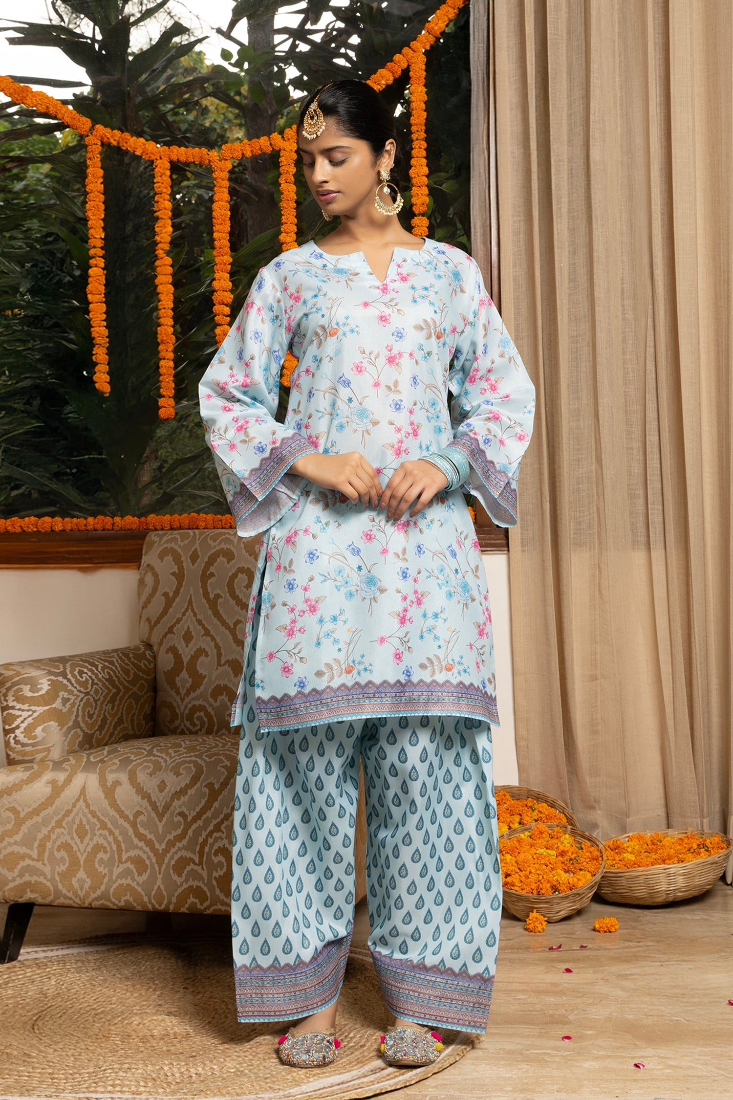 Lawn Cotton Shimmer Printed Cord Set with Floral & Geometric Print - Powder Blue