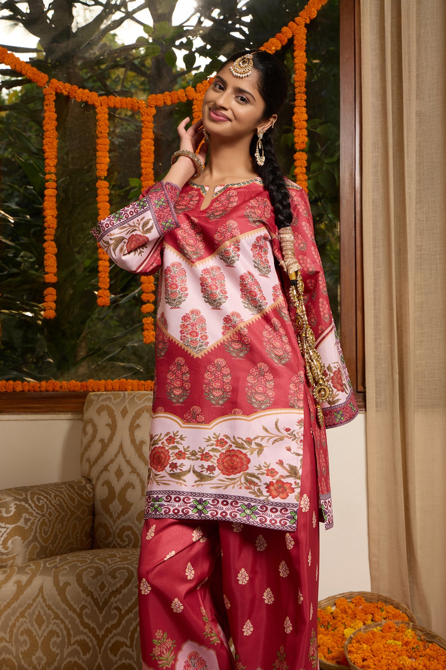 Lawn Cotton Shimmer Printed Cord Set with Traditional Buta Print - Rust & Cream