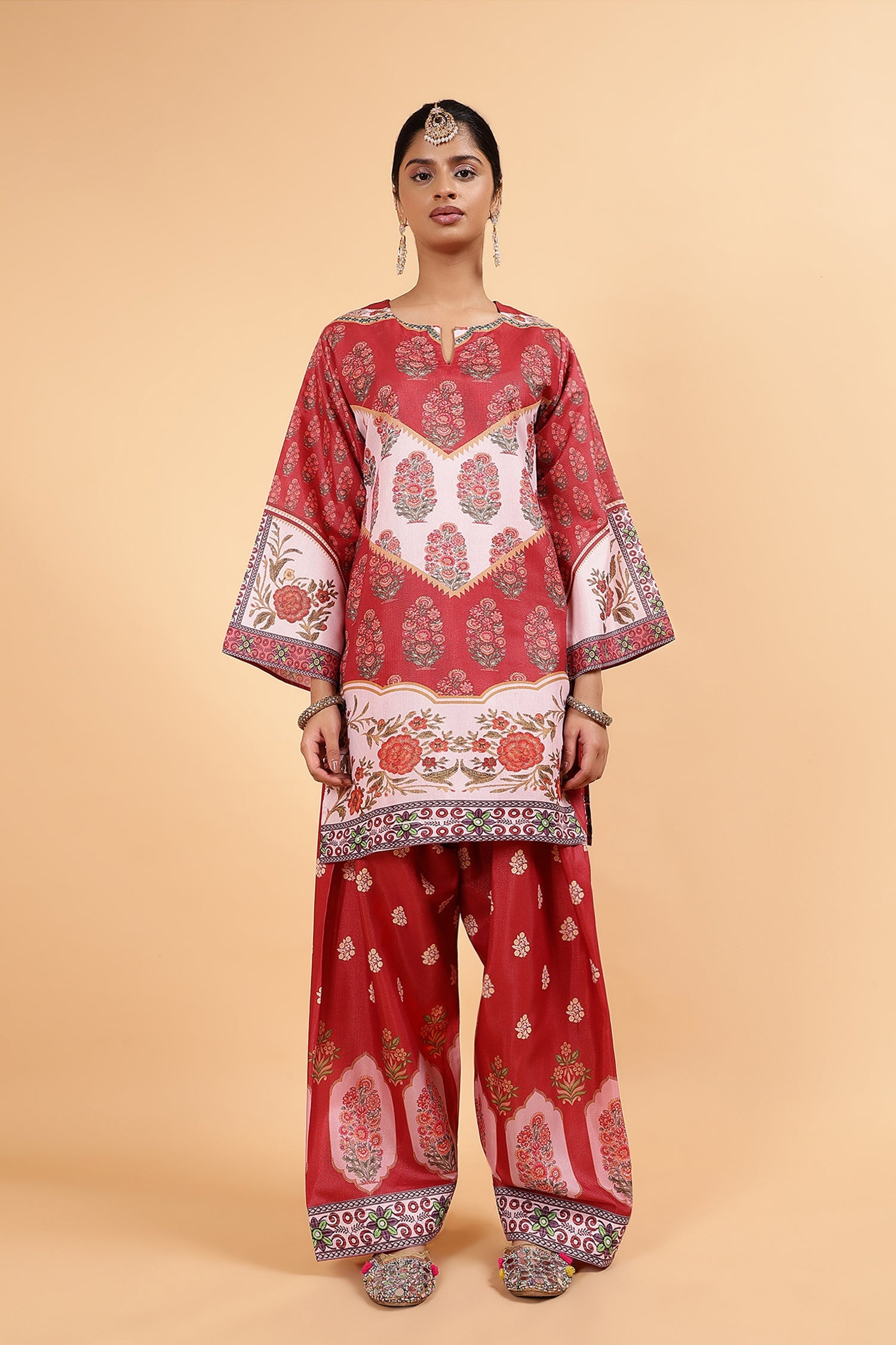 Lawn Cotton Shimmer Printed Cord Set with Traditional Buta Print - Rust & Cream