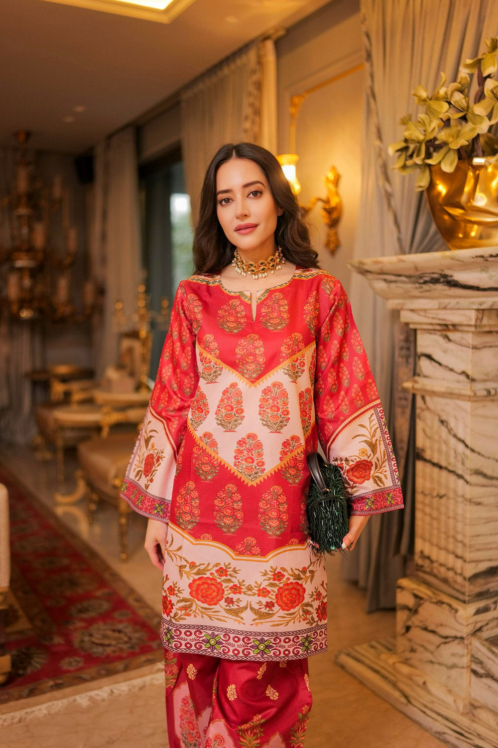 Komal X HOK Lawn Cotton Shimmer Printed Cord Set with Traditional Buta Print - Rust & Cream