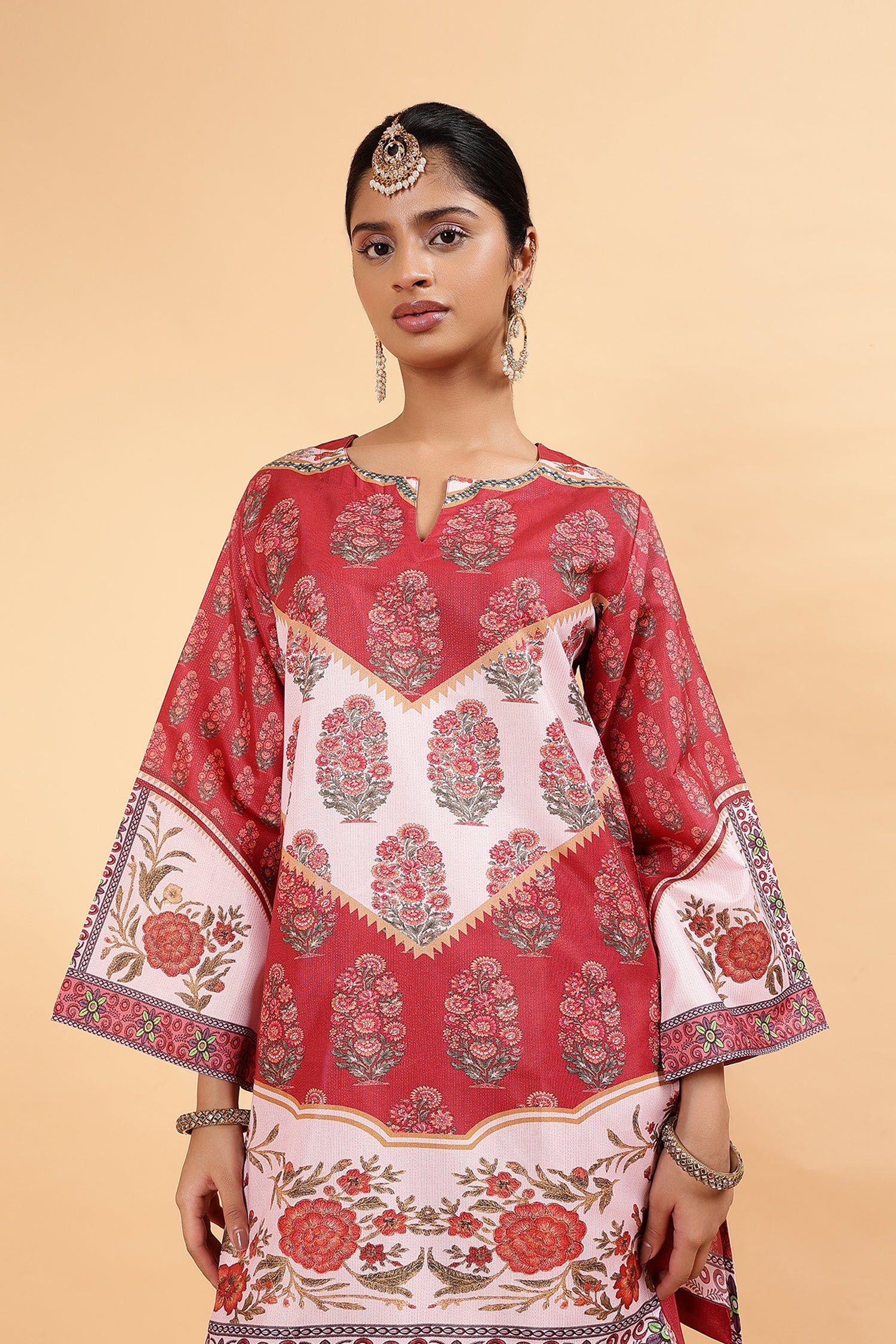 Lawn Cotton Shimmer Printed Cord Set with Traditional Buta Print - Rust & Cream