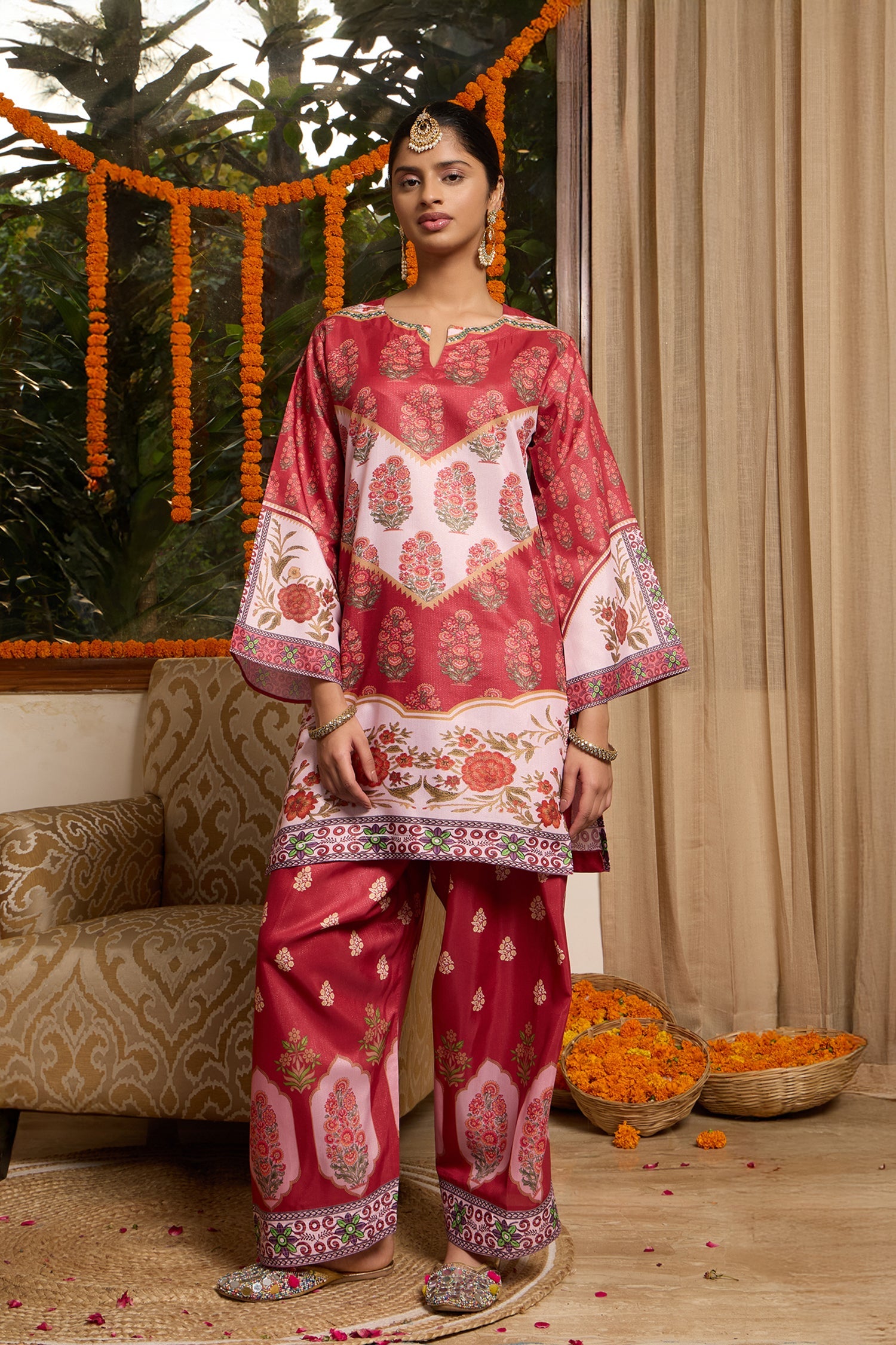 Lawn Cotton Shimmer Printed Cord Set with Traditional Buta Print - Rust & Cream