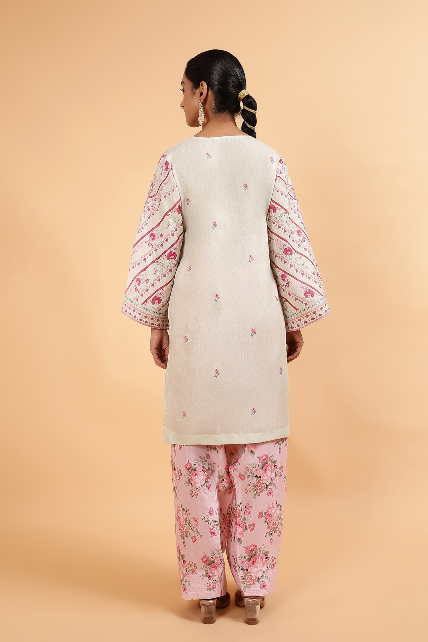 Lawn Cotton Shimmer Printed Cord Set with Pink Floral Print & Farsi Bottom - Pastel Cream