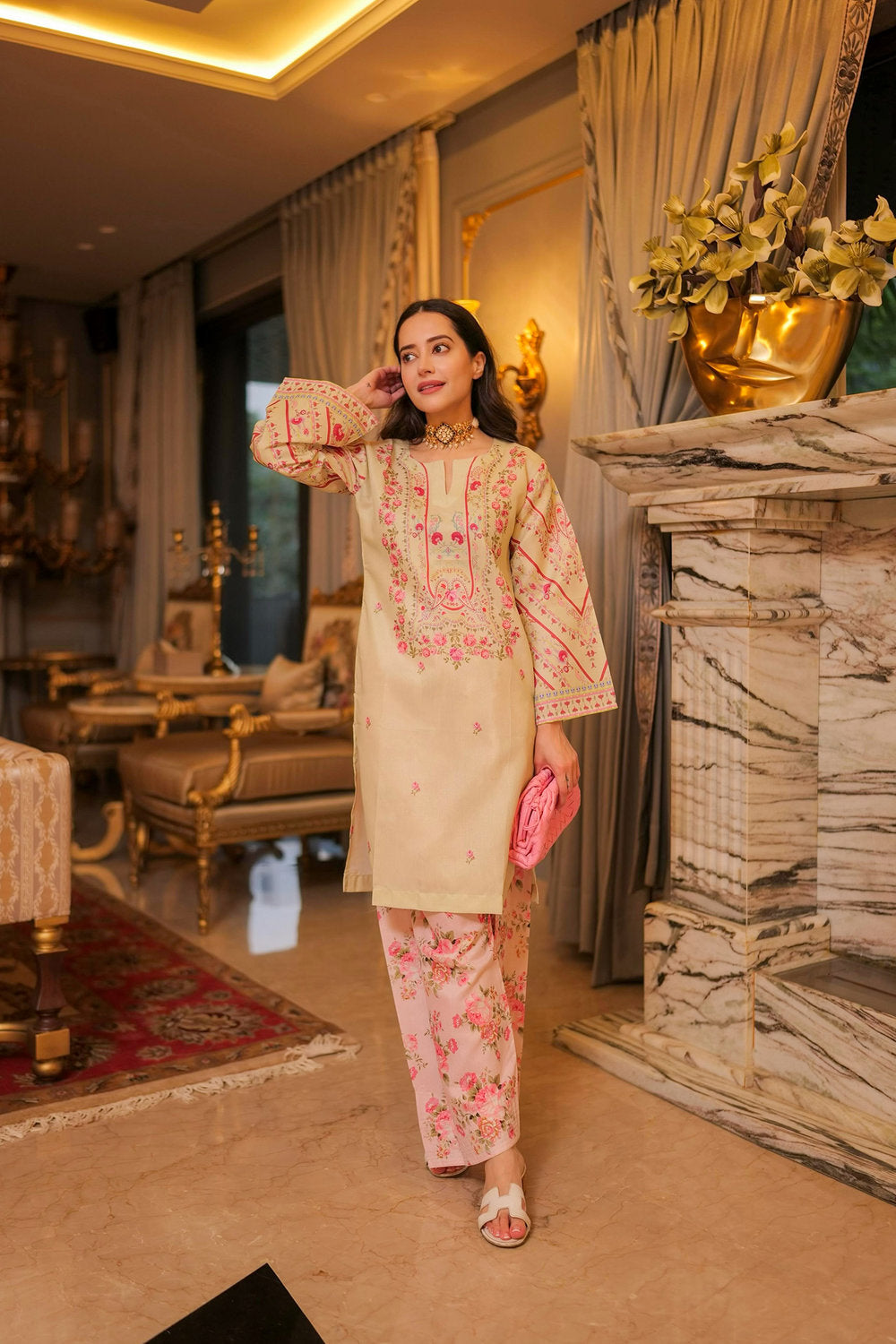 Komal X HOK Lawn Cotton Shimmer Printed Cord Set with Pink Floral Print & Farsi Bottom - Pastel Cream