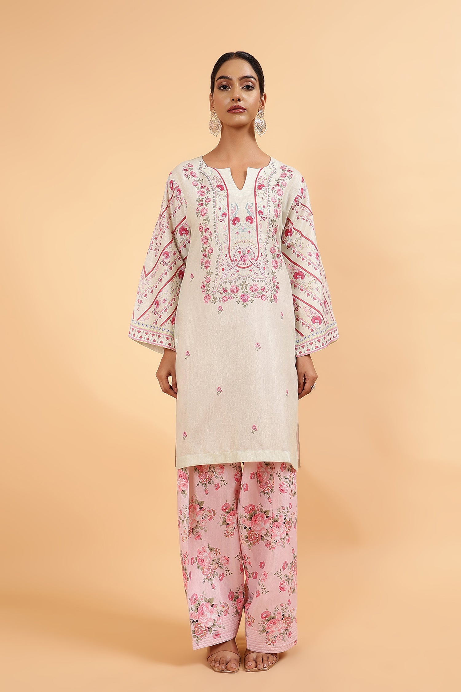 Lawn Cotton Shimmer Printed Cord Set with Pink Floral Print & Farsi Bottom - Pastel Cream