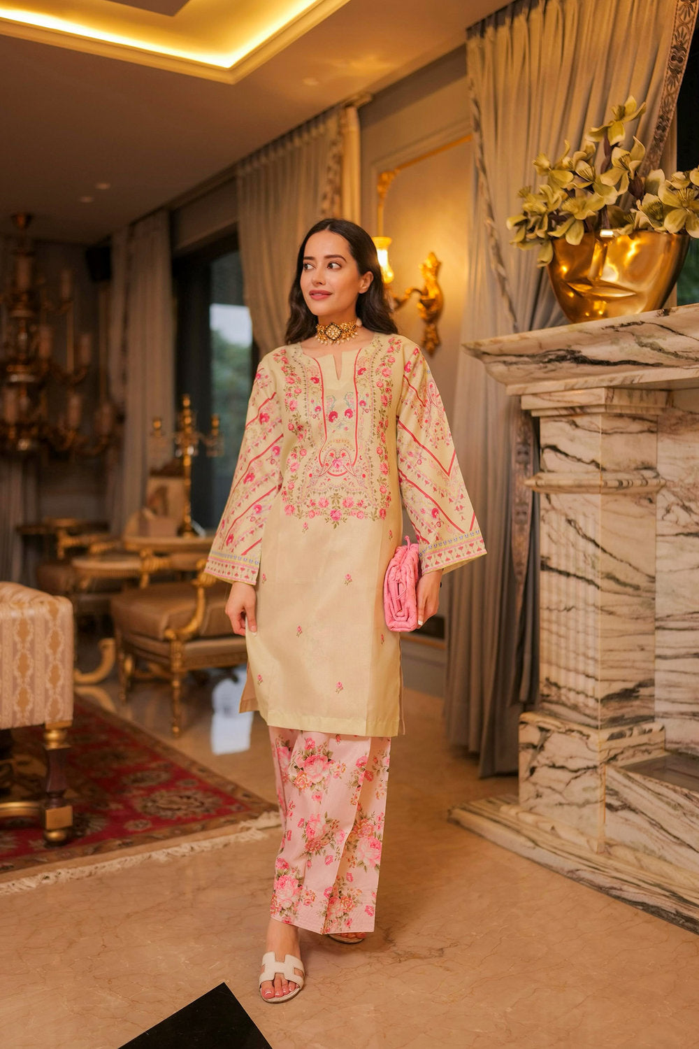 Komal X HOK Lawn Cotton Shimmer Printed Cord Set with Pink Floral Print & Farsi Bottom - Pastel Cream