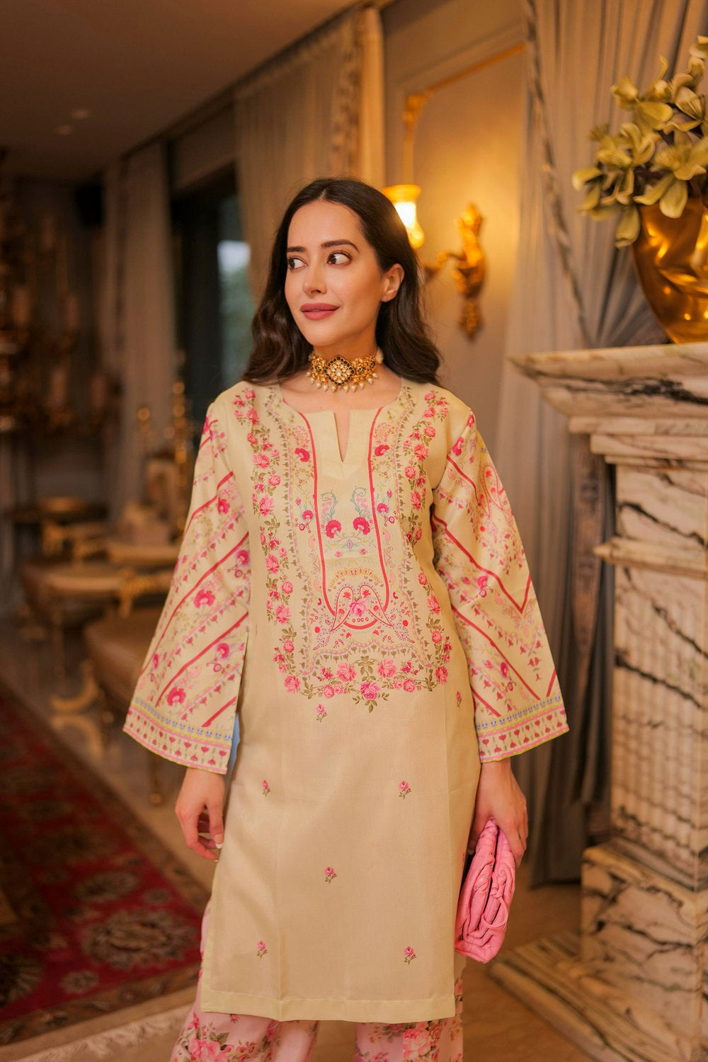 Komal X HOK Lawn Cotton Shimmer Printed Cord Set with Pink Floral Print & Farsi Bottom - Pastel Cream