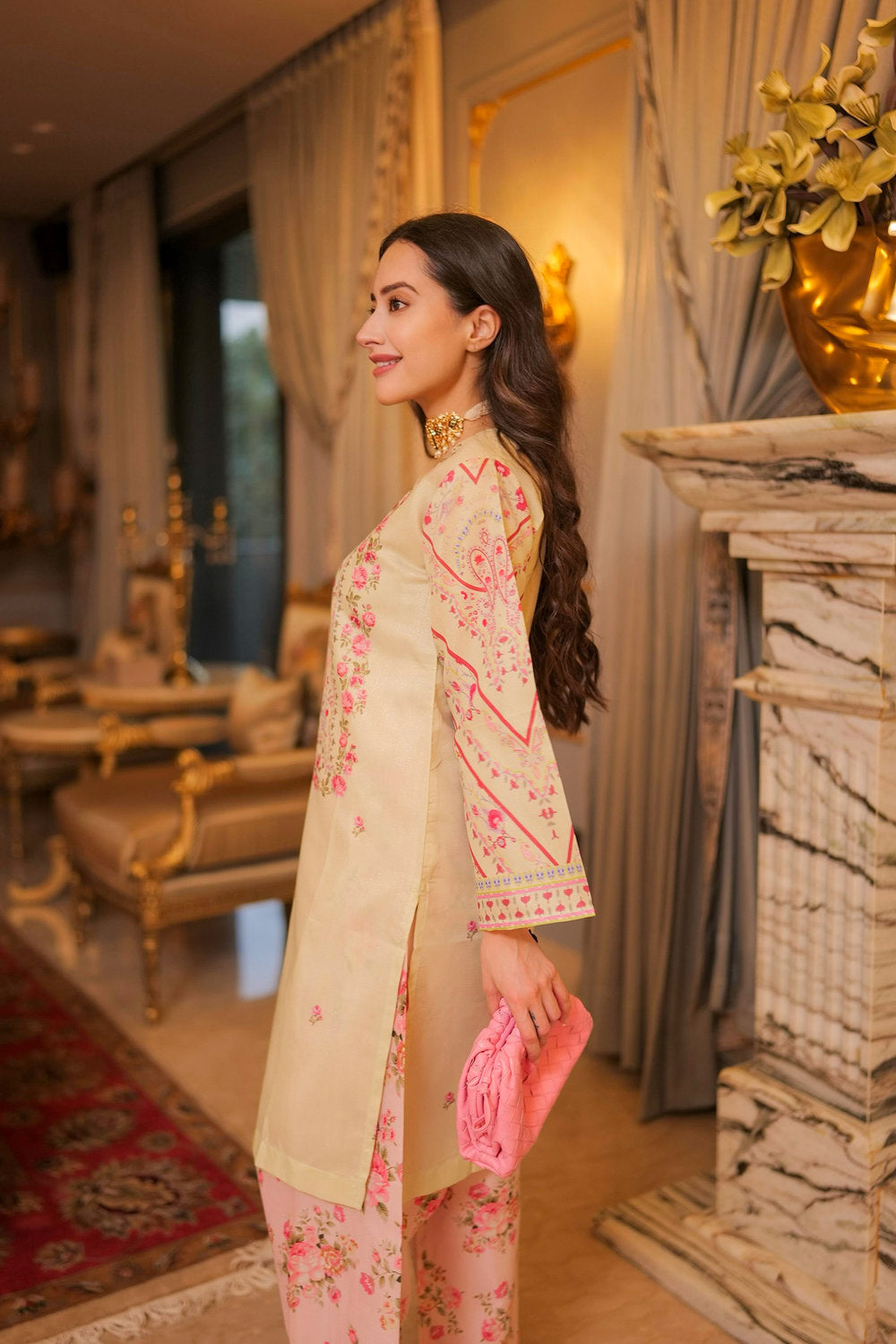 Komal X HOK Lawn Cotton Shimmer Printed Cord Set with Pink Floral Print & Farsi Bottom - Pastel Cream