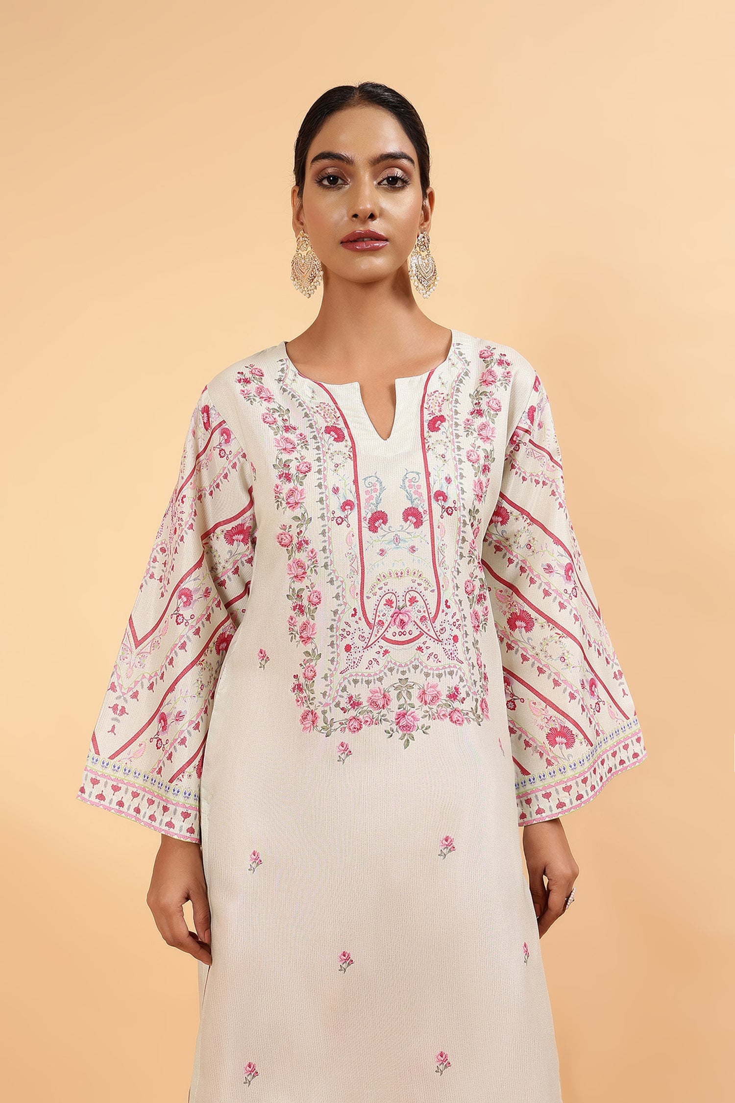 Lawn Cotton Shimmer Printed Cord Set with Pink Floral Print & Farsi Bottom - Pastel Cream