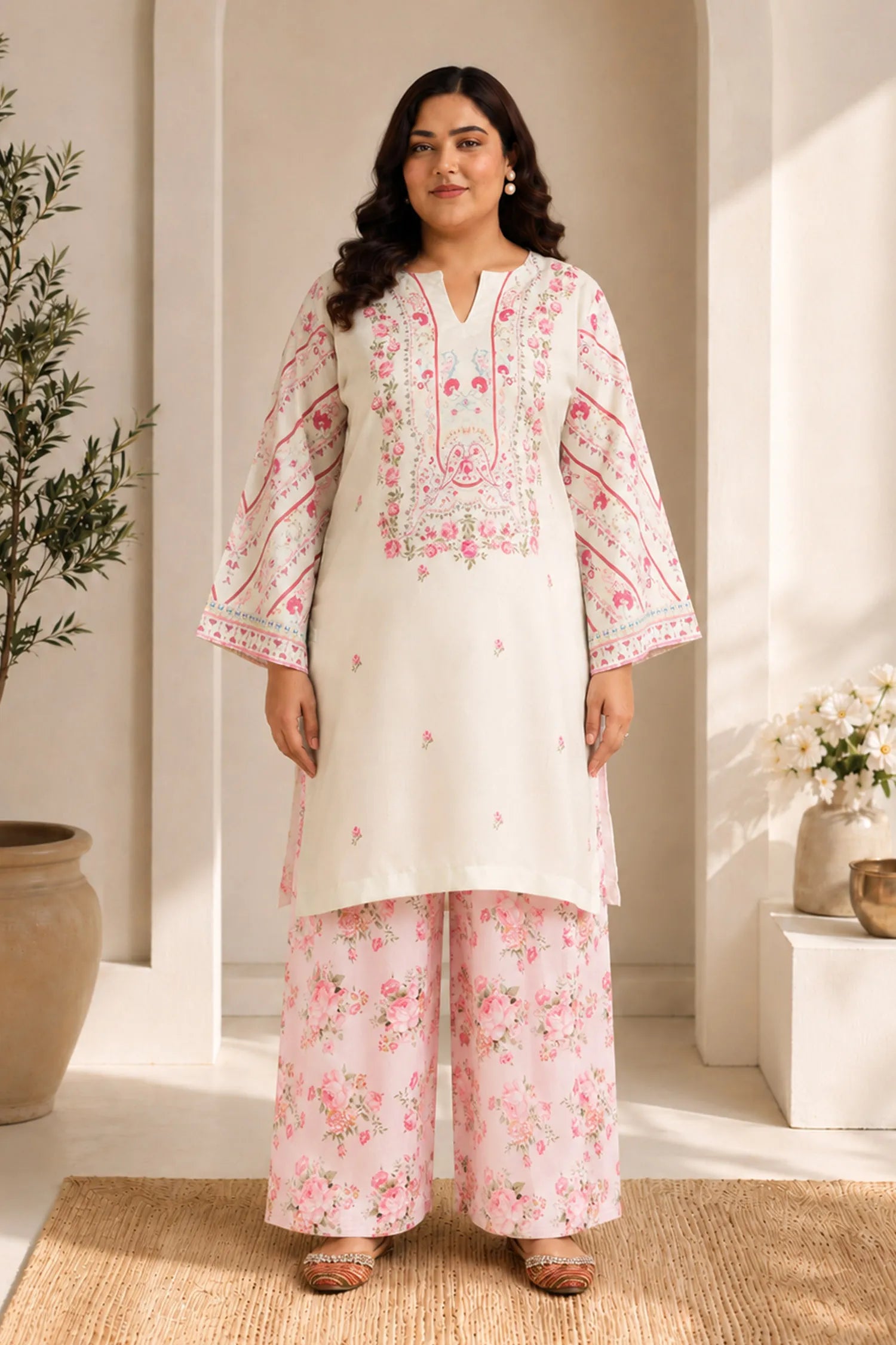 Plus Size - Lawn Cotton Shimmer Printed Cord Set with Pink Floral Print & Farsi Bottom - Pastel Cream
