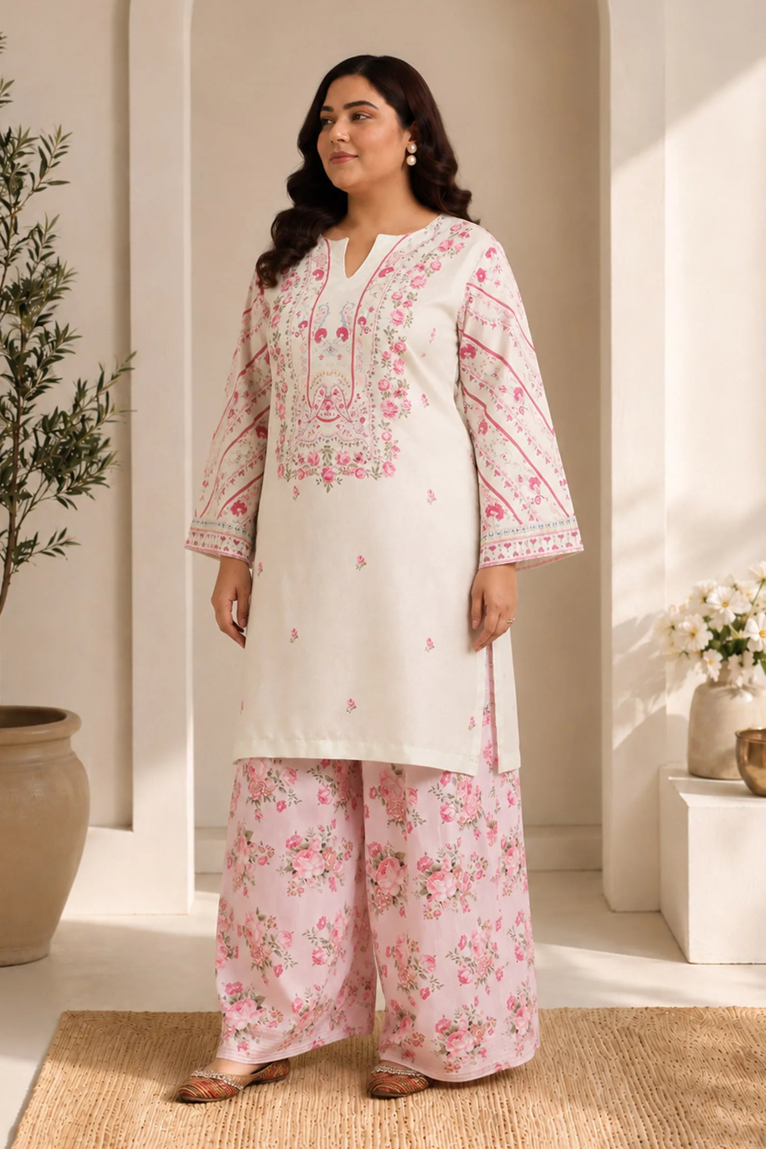 Plus Size - Lawn Cotton Shimmer Printed Cord Set with Pink Floral Print & Farsi Bottom - Pastel Cream