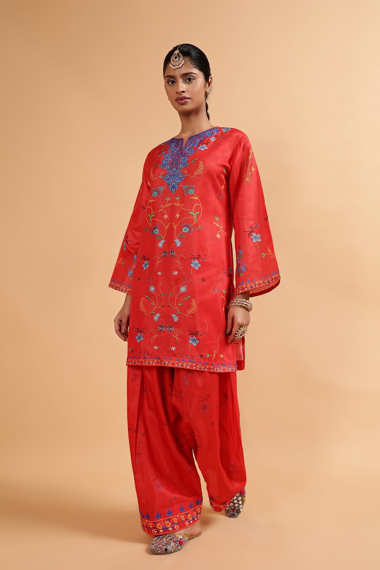 Lawn Cotton Shimmer Printed Cord Set with Multicolor Festive Motifs - Red