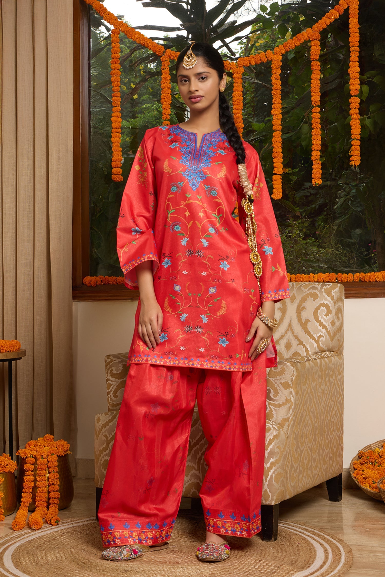 Lawn Cotton Shimmer Printed Cord Set with Multicolor Festive Motifs - Red