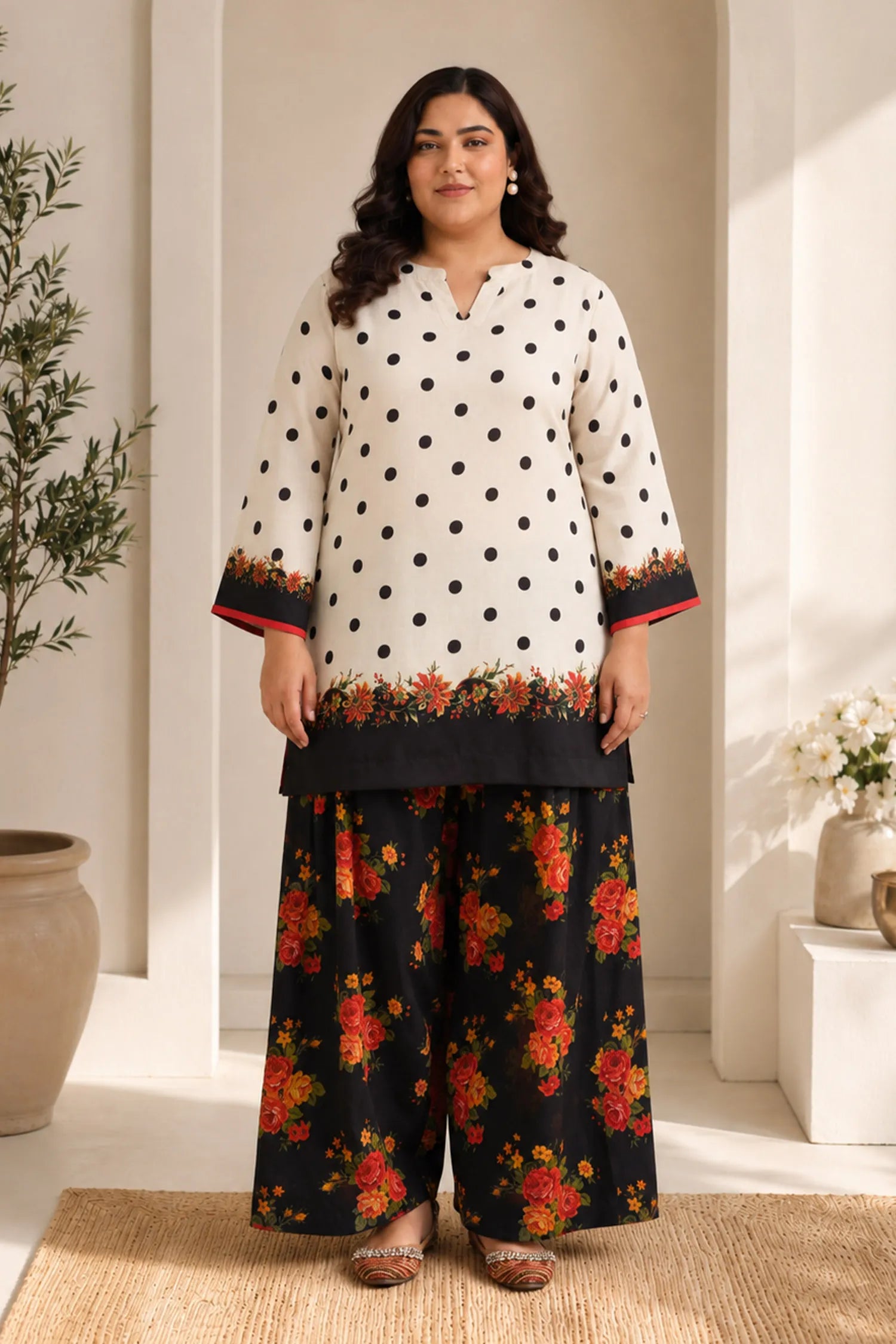 Plus Size - Ivory Polka Floral Printed Lawn Cotton Co-ord Set