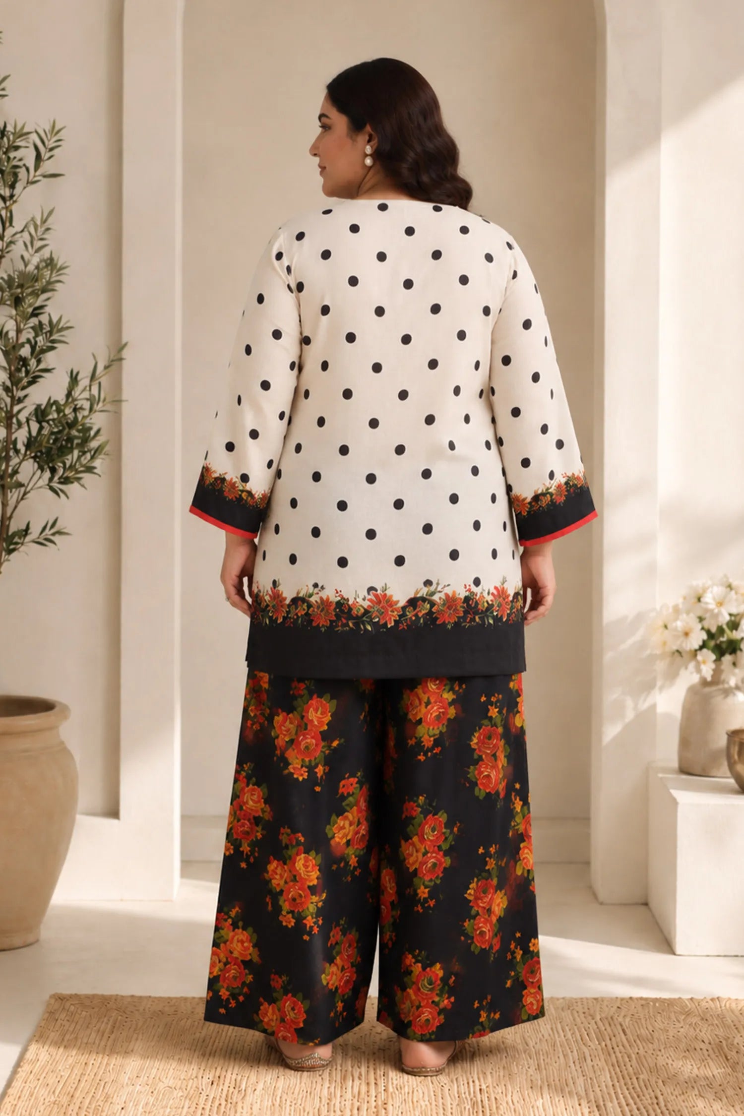 Plus Size - Ivory Polka Floral Printed Lawn Cotton Co-ord Set
