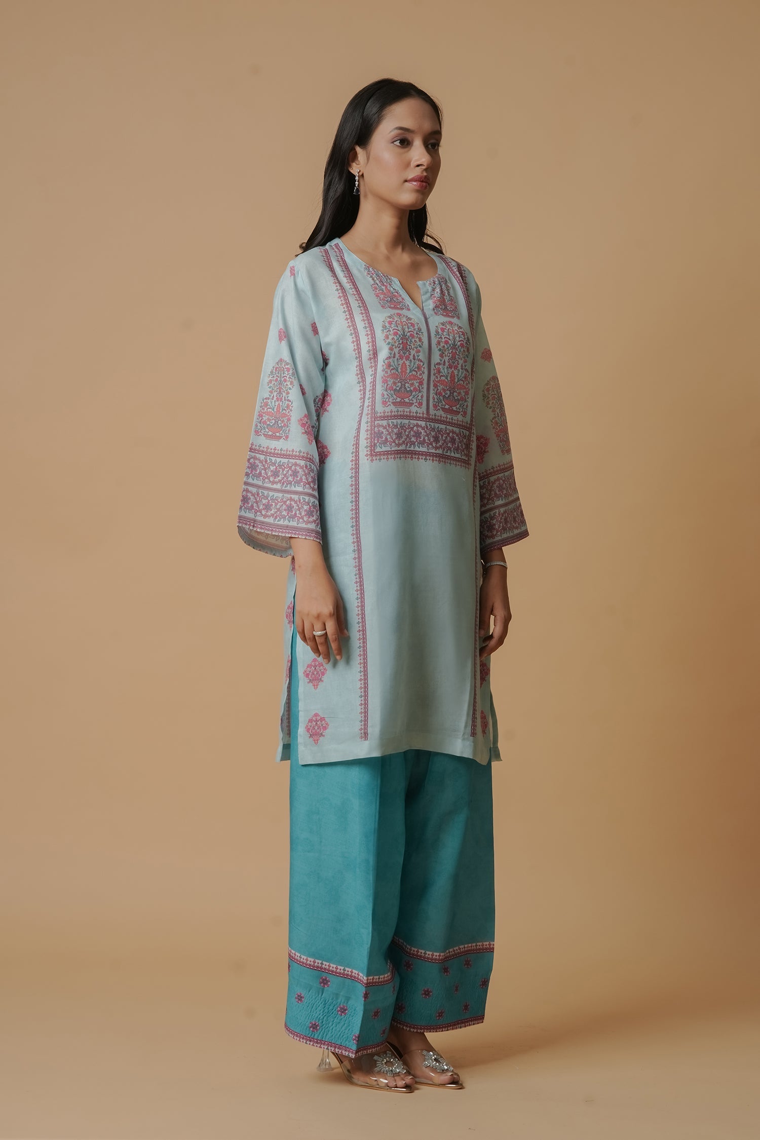 Lawn Cotton Printkari Co-ord Set – Aqua Blue Lawn Cotton Printkari Co-ord Set – Blush Pink Floral with Farsi Pant