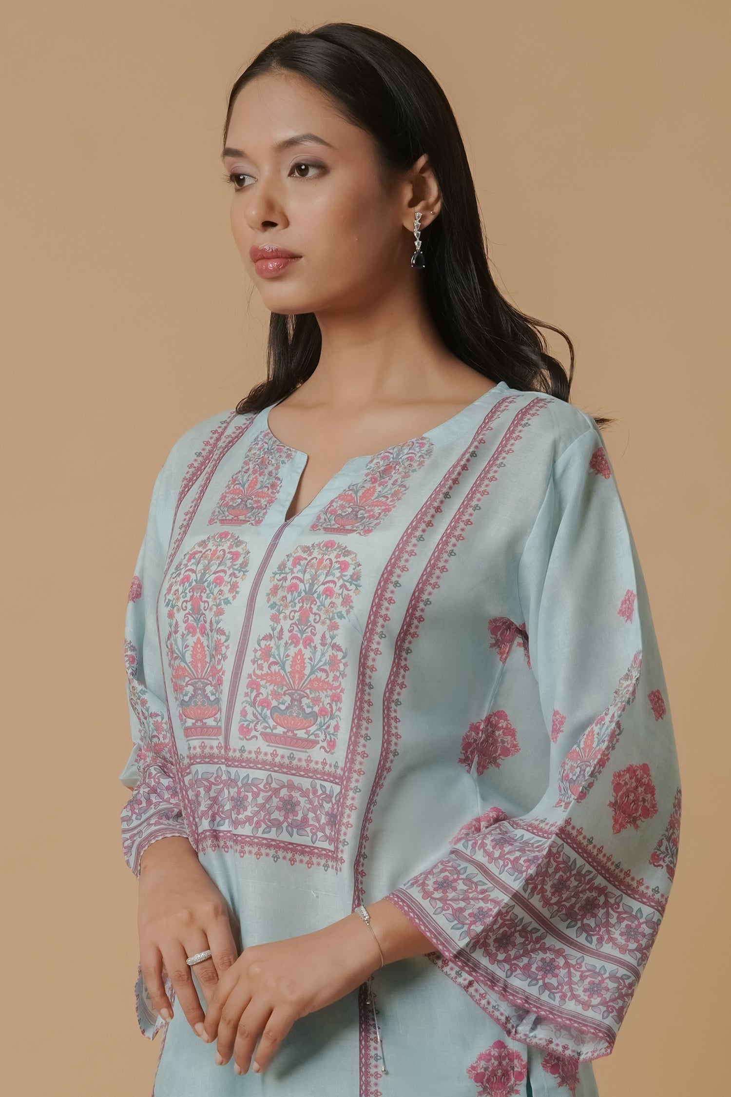 Lawn Cotton Printkari Co-ord Set – Aqua Blue Lawn Cotton Printkari Co-ord Set – Blush Pink Floral with Farsi Pant