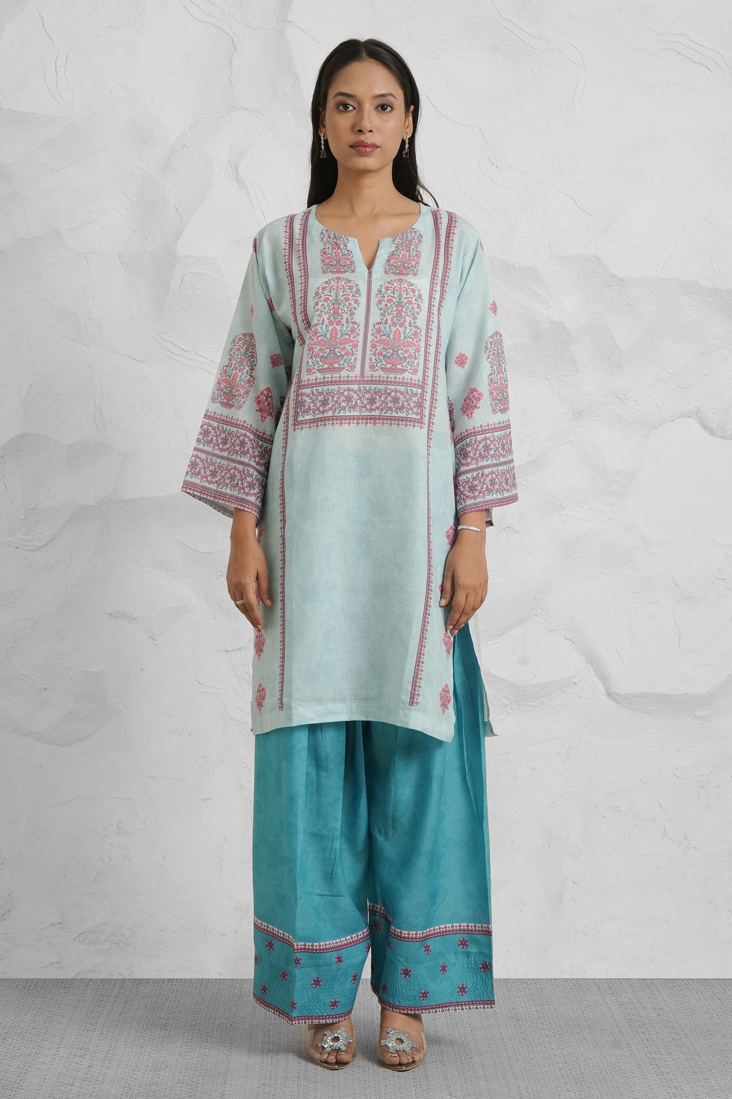 Lawn Cotton Printkari Co-ord Set – Aqua Blue Lawn Cotton Printkari Co-ord Set – Blush Pink Floral with Farsi Pant