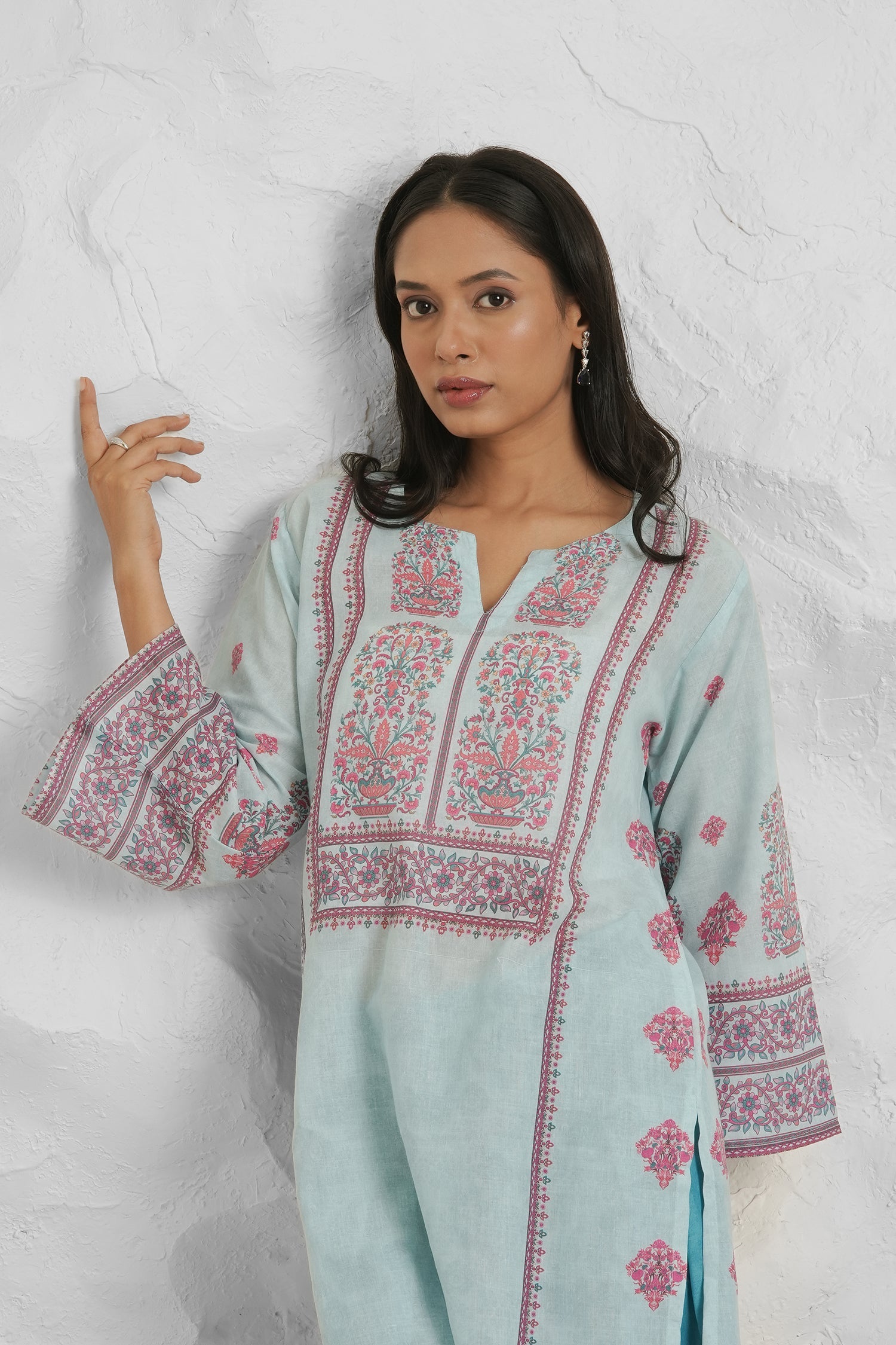 Lawn Cotton Printkari Co-ord Set – Aqua Blue Lawn Cotton Printkari Co-ord Set – Blush Pink Floral with Farsi Pant