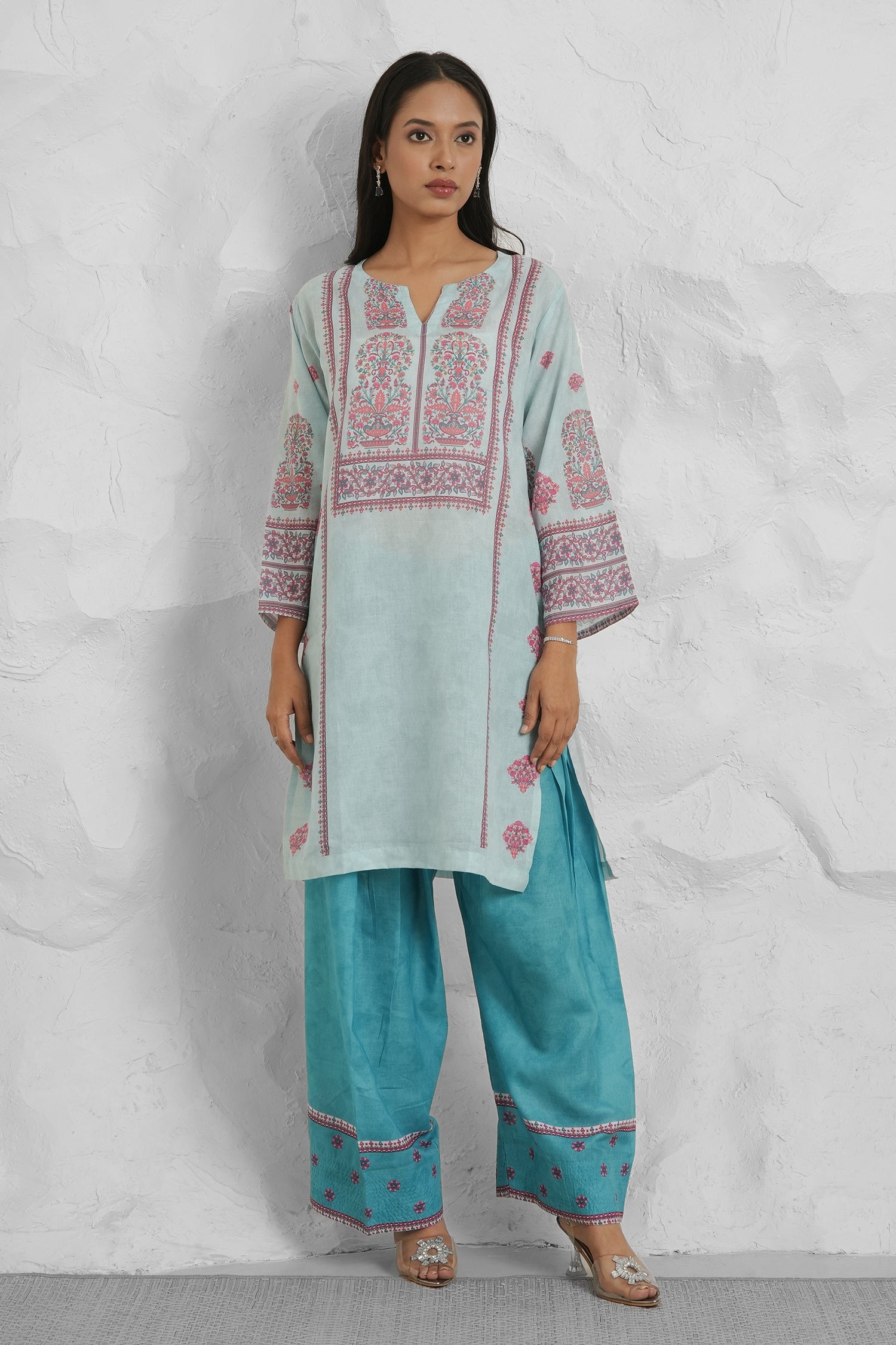 Lawn Cotton Printkari Co-ord Set – Aqua Blue Lawn Cotton Printkari Co-ord Set – Blush Pink Floral with Farsi Pant