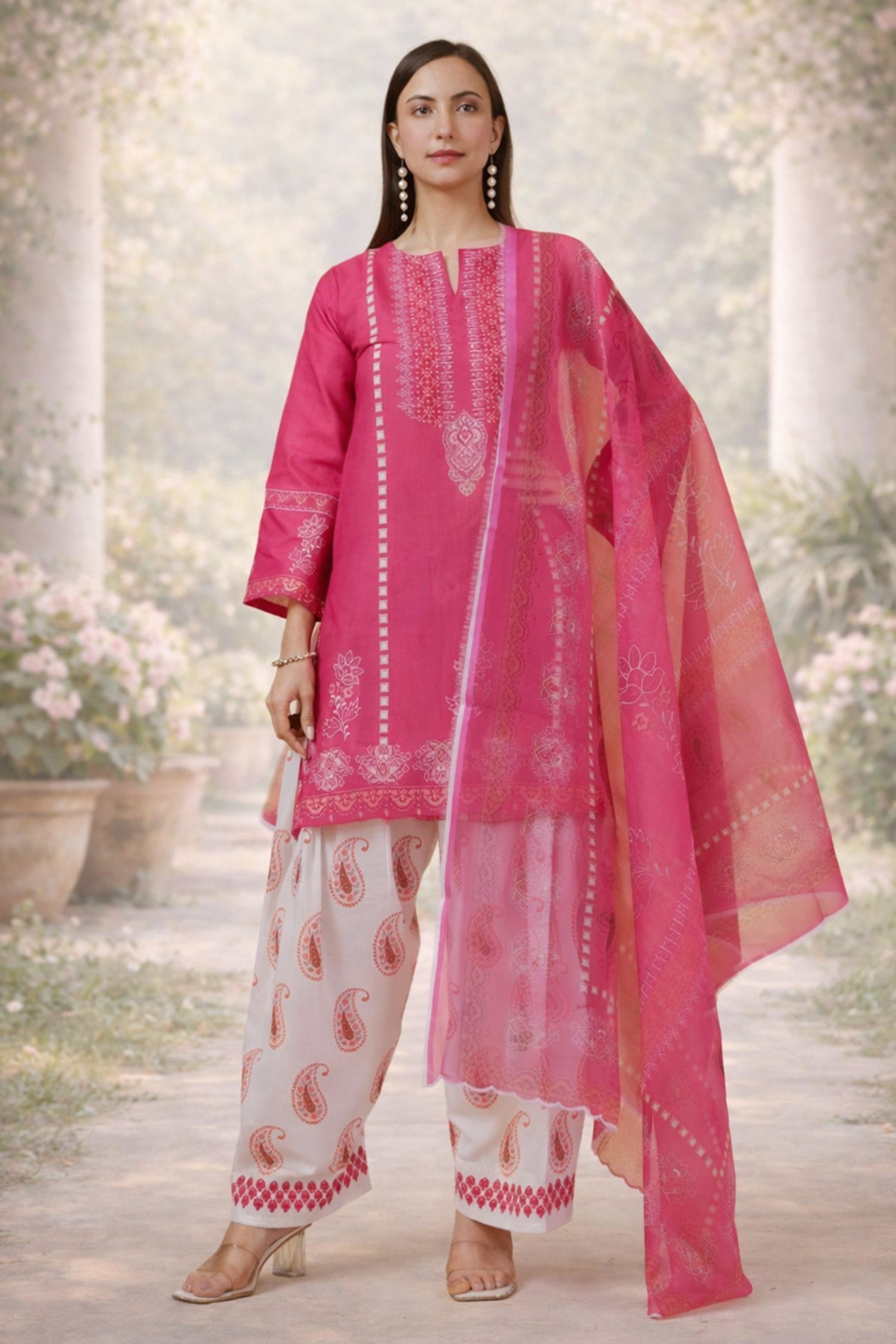 Printed Organza Dupatta - Berry Pink