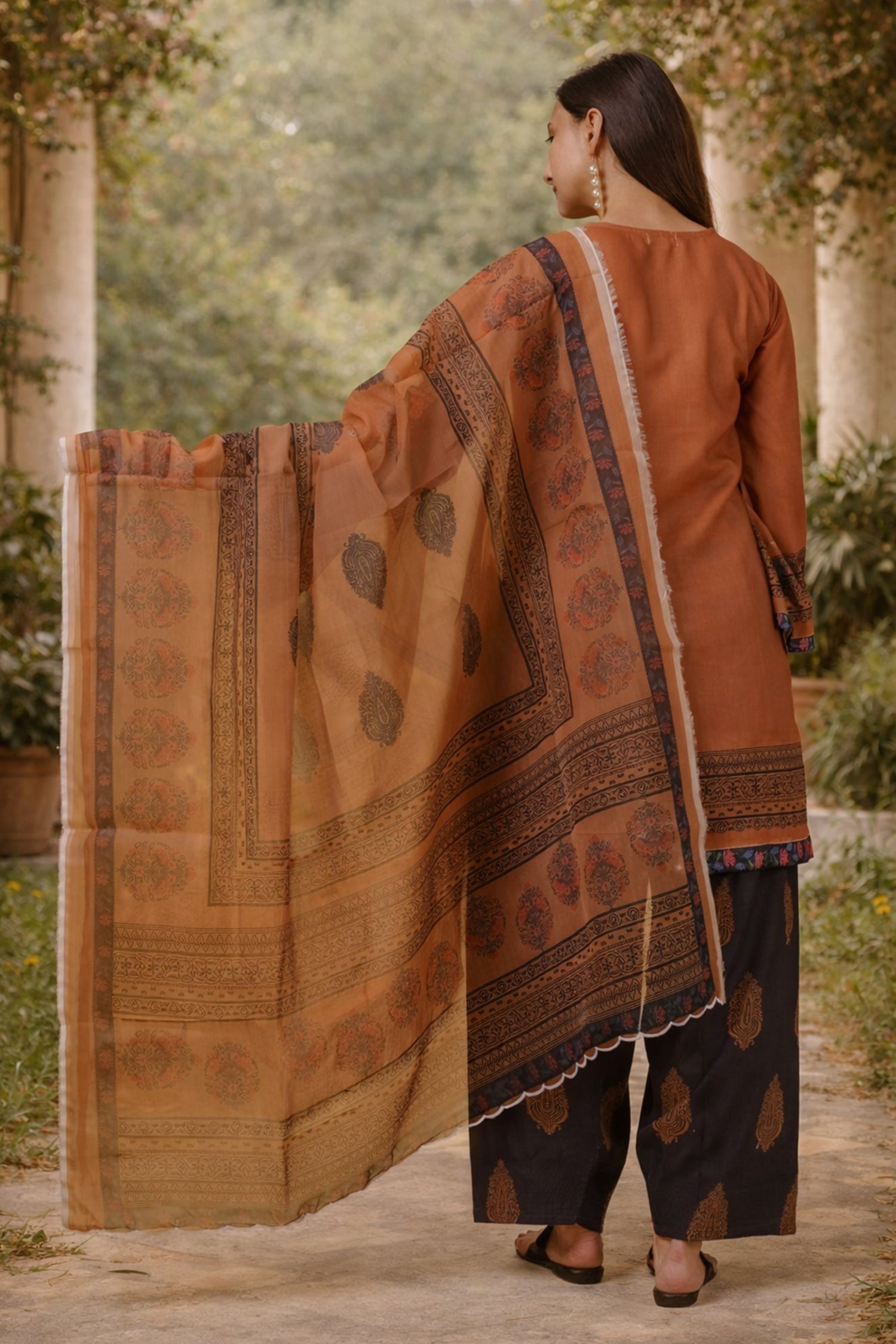 Printed Organza Dupatta - Cocoa Brown