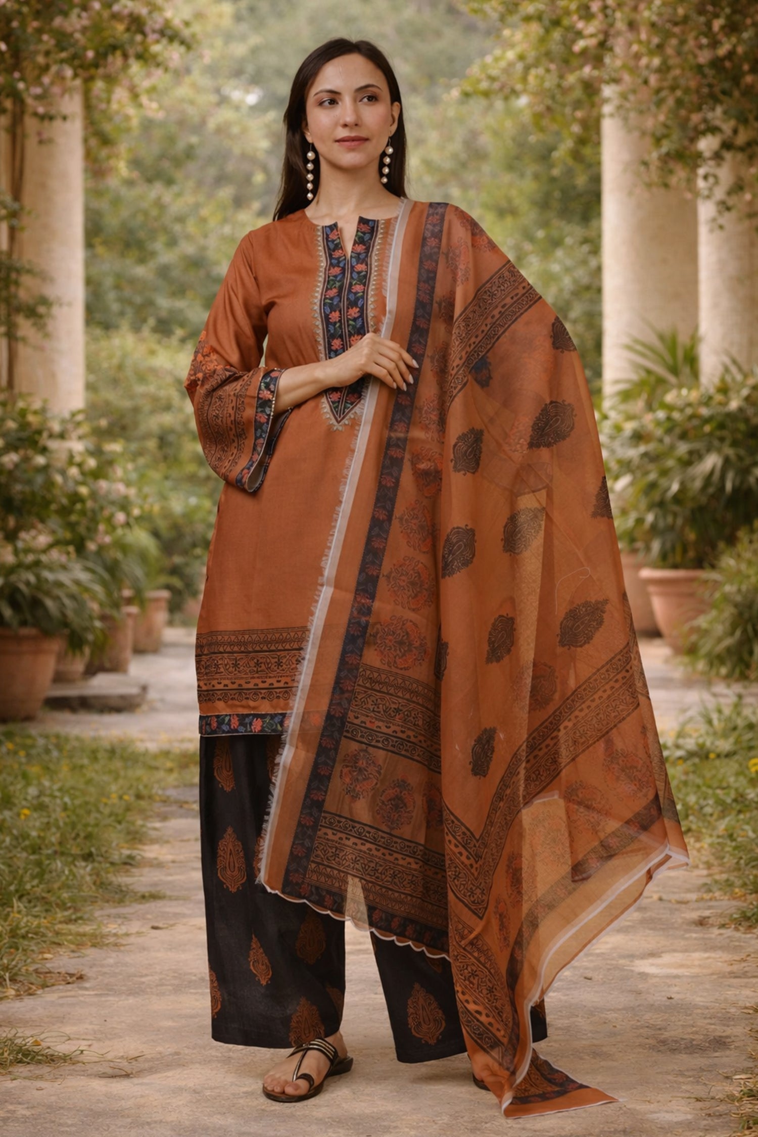 Printed Organza Dupatta - Cocoa Brown