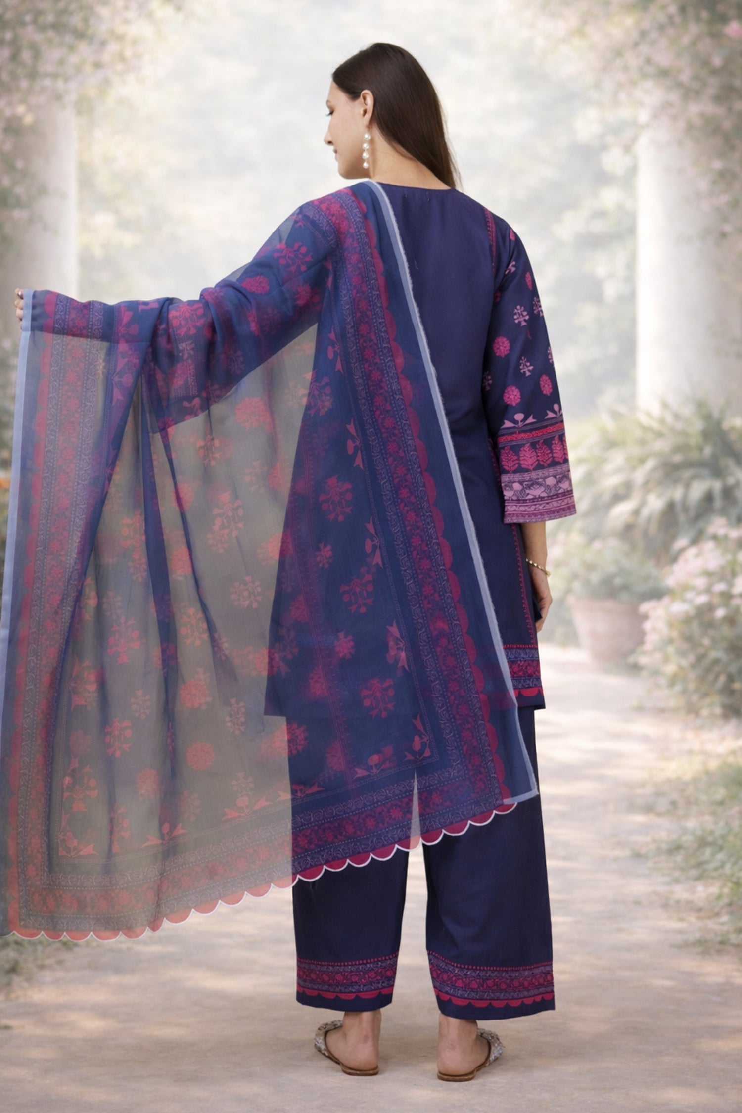 Printed Organza Dupatta - Navy & Pink