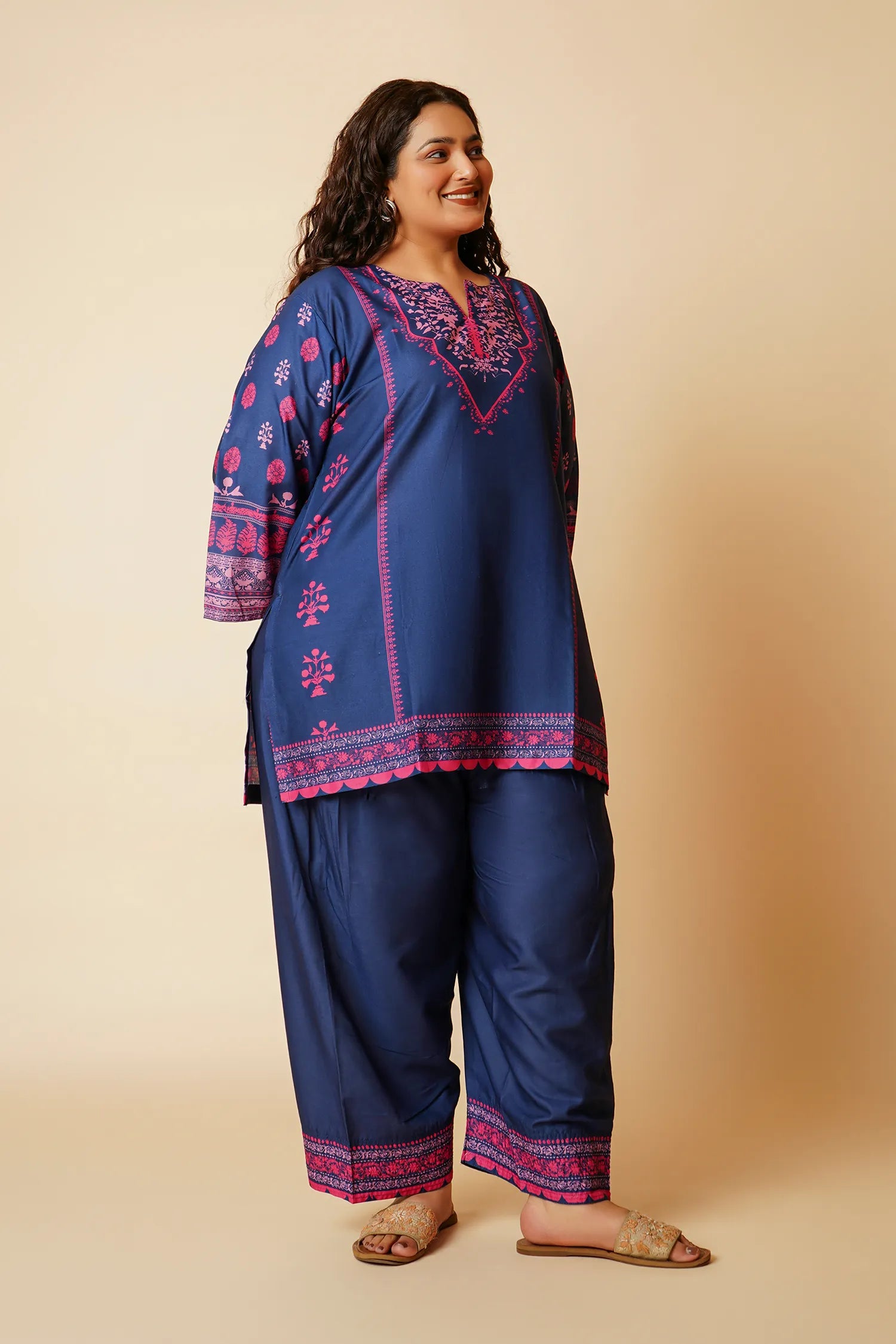 Plus Size - Navy & Pink Printed Lawn Cotton Co-ord Set