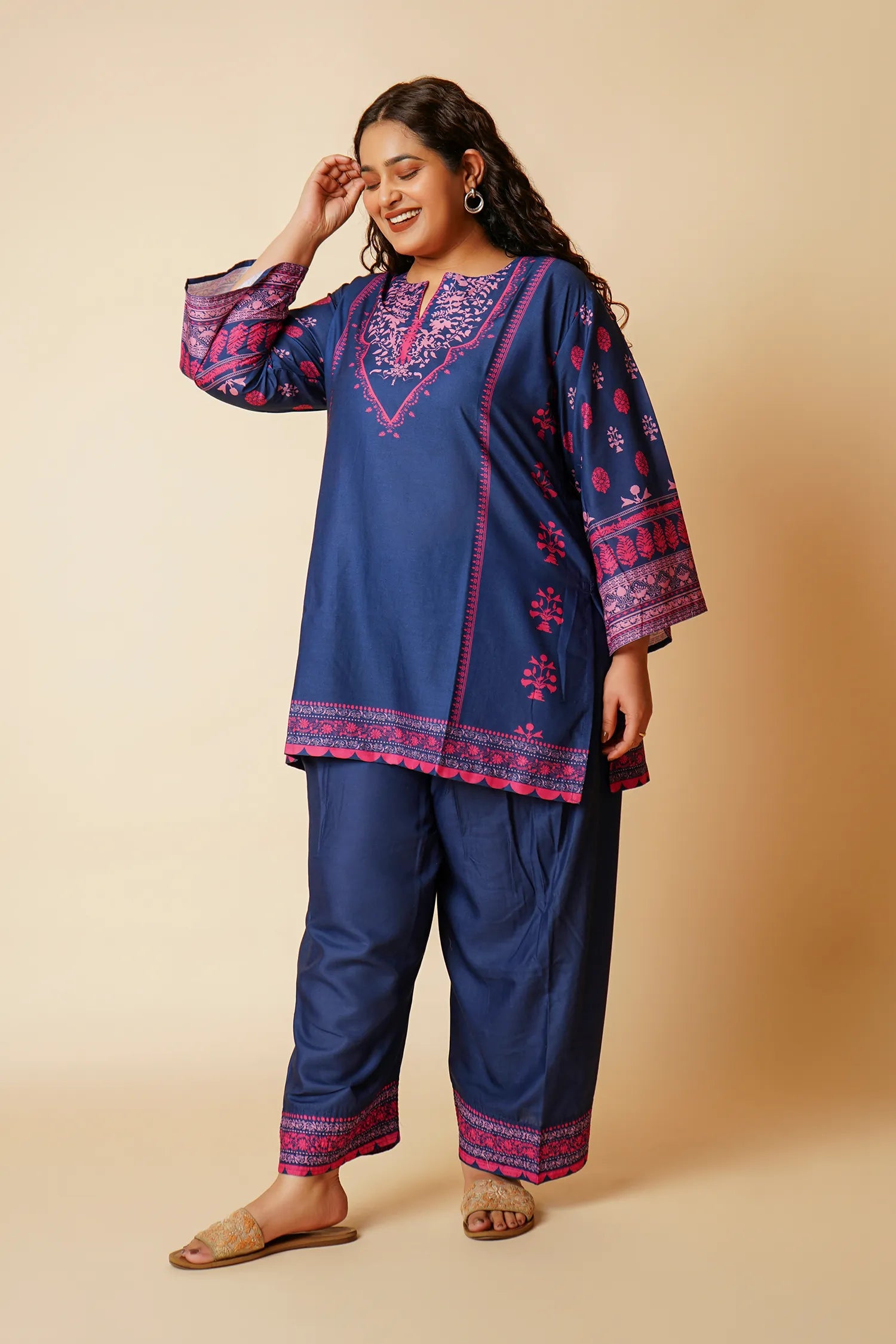 Plus Size - Navy & Pink Printed Lawn Cotton Co-ord Set