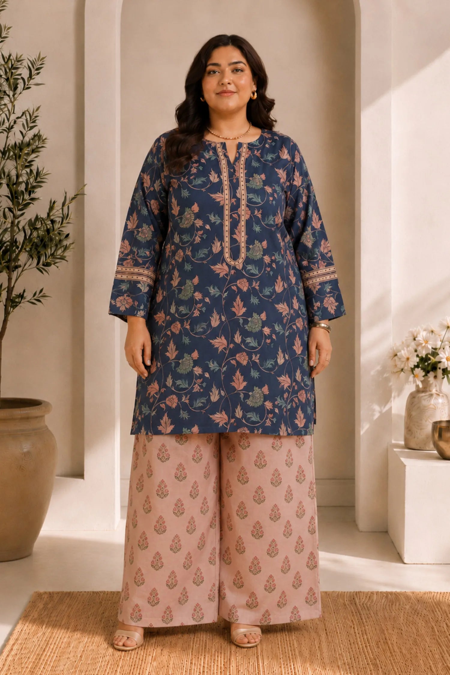 Plus Size - Teal Floral Printed Lawn Cotton Co-ord Set