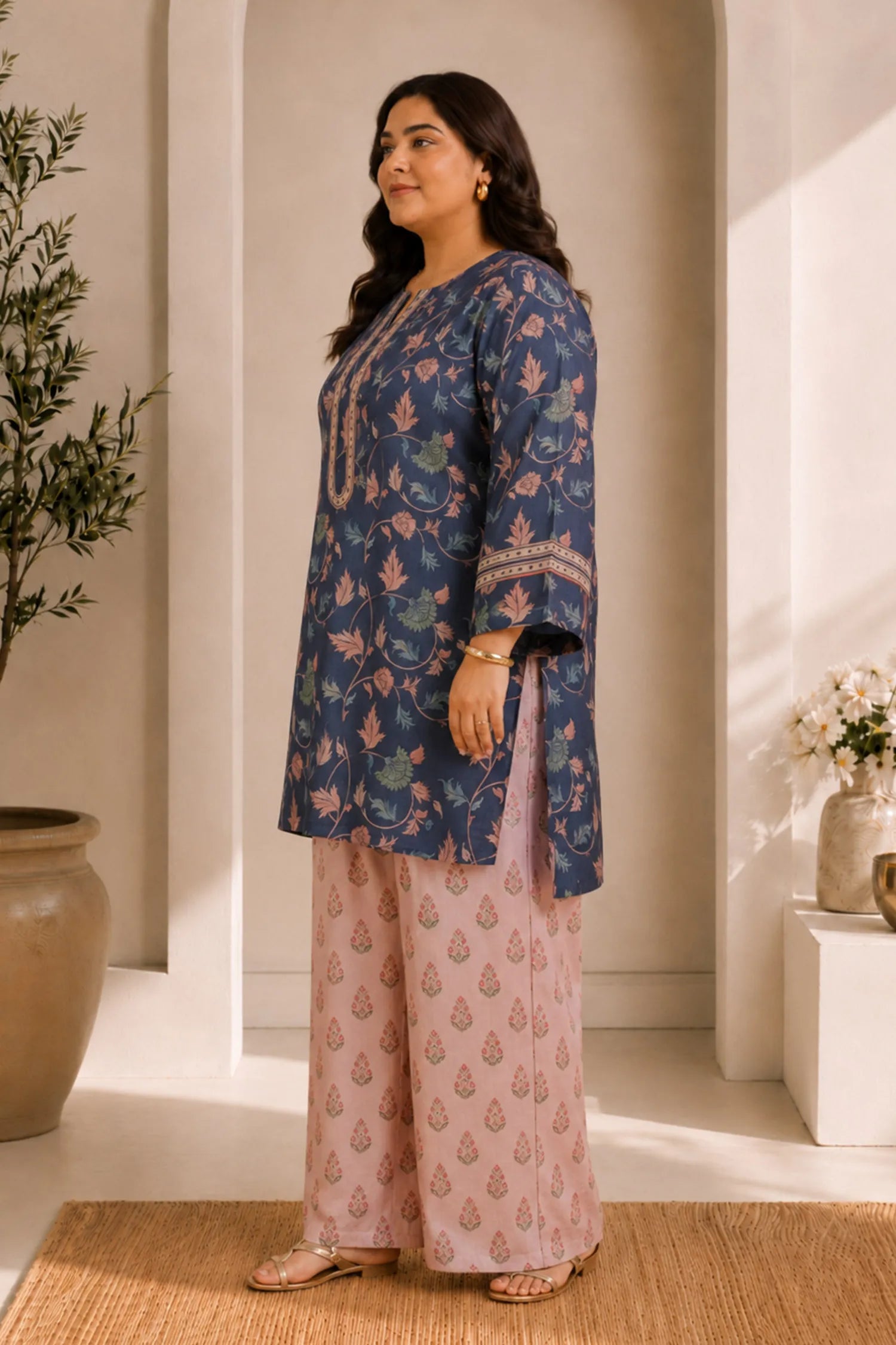 Plus Size - Teal Floral Printed Lawn Cotton Co-ord Set