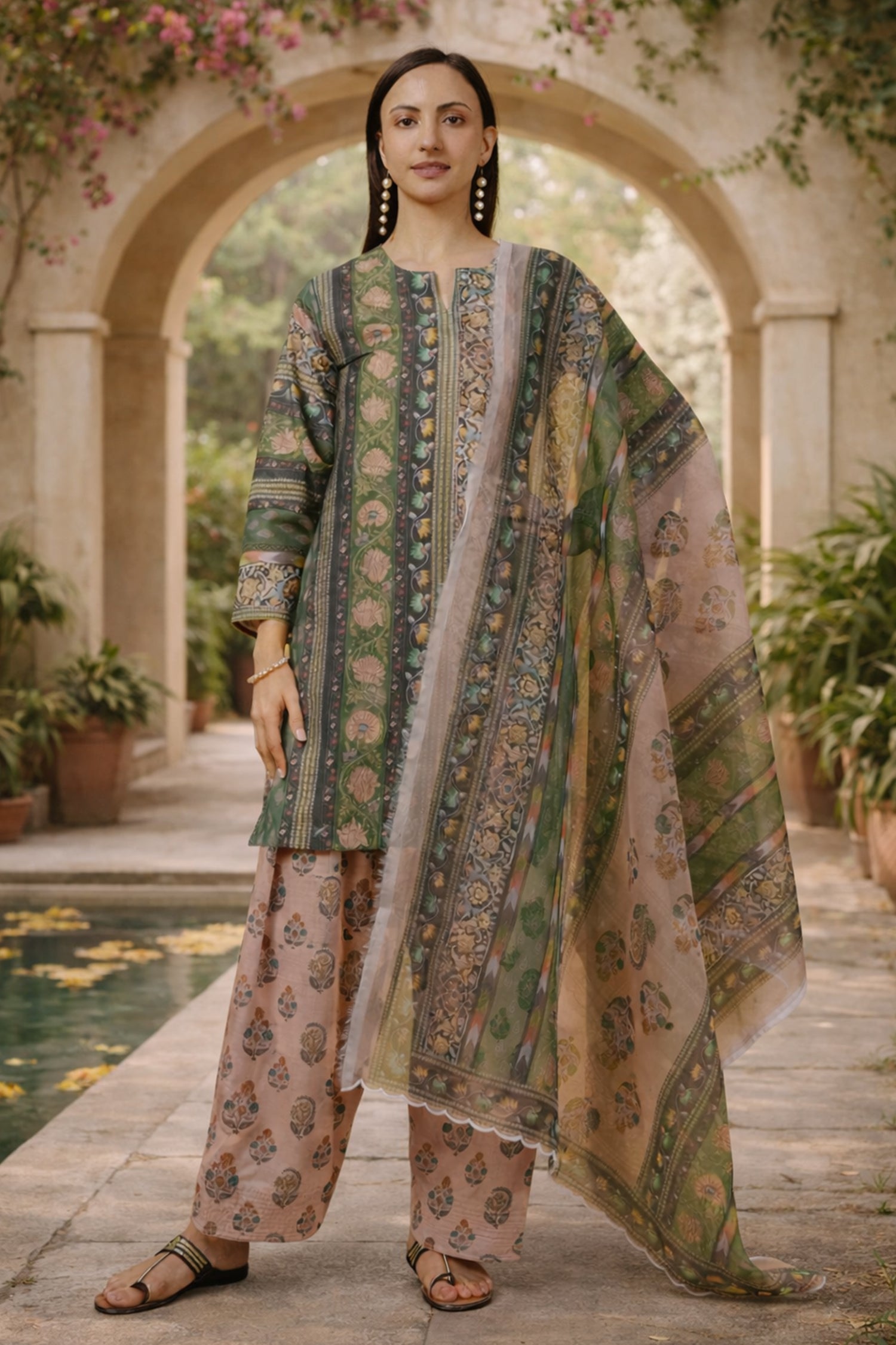 Printed Organza Dupatta - Forest Green