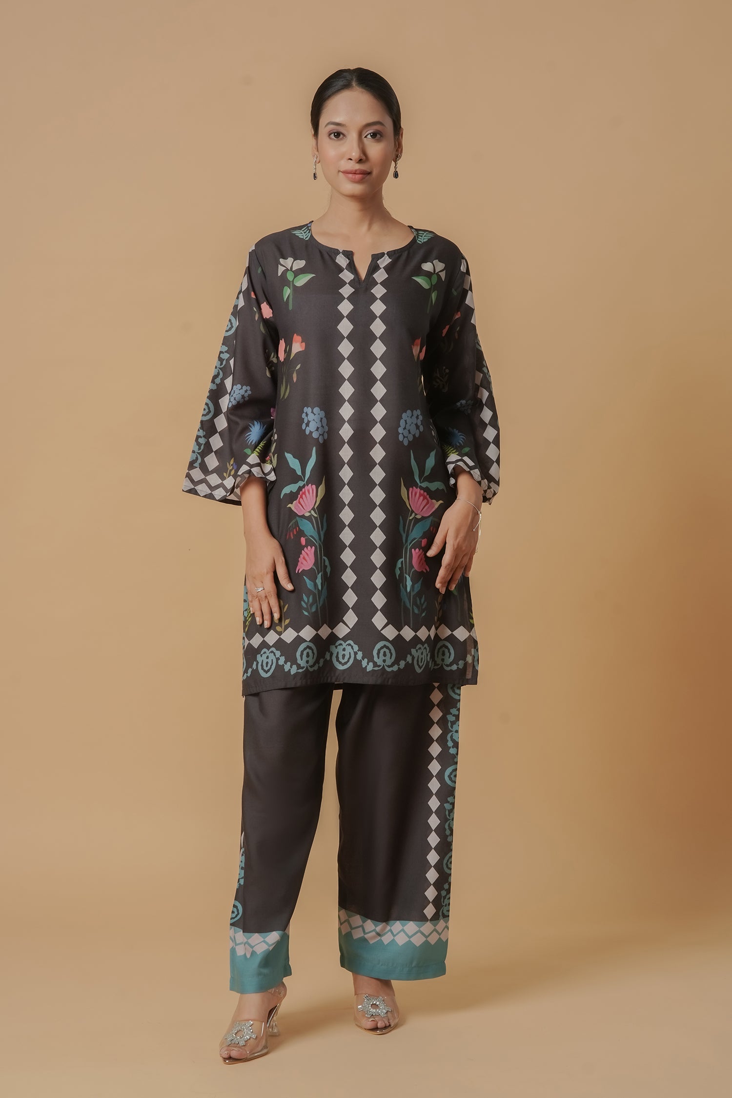 Mauli in Lawn Cotton Printkari Co-ord Set - Black Print With Straight pant