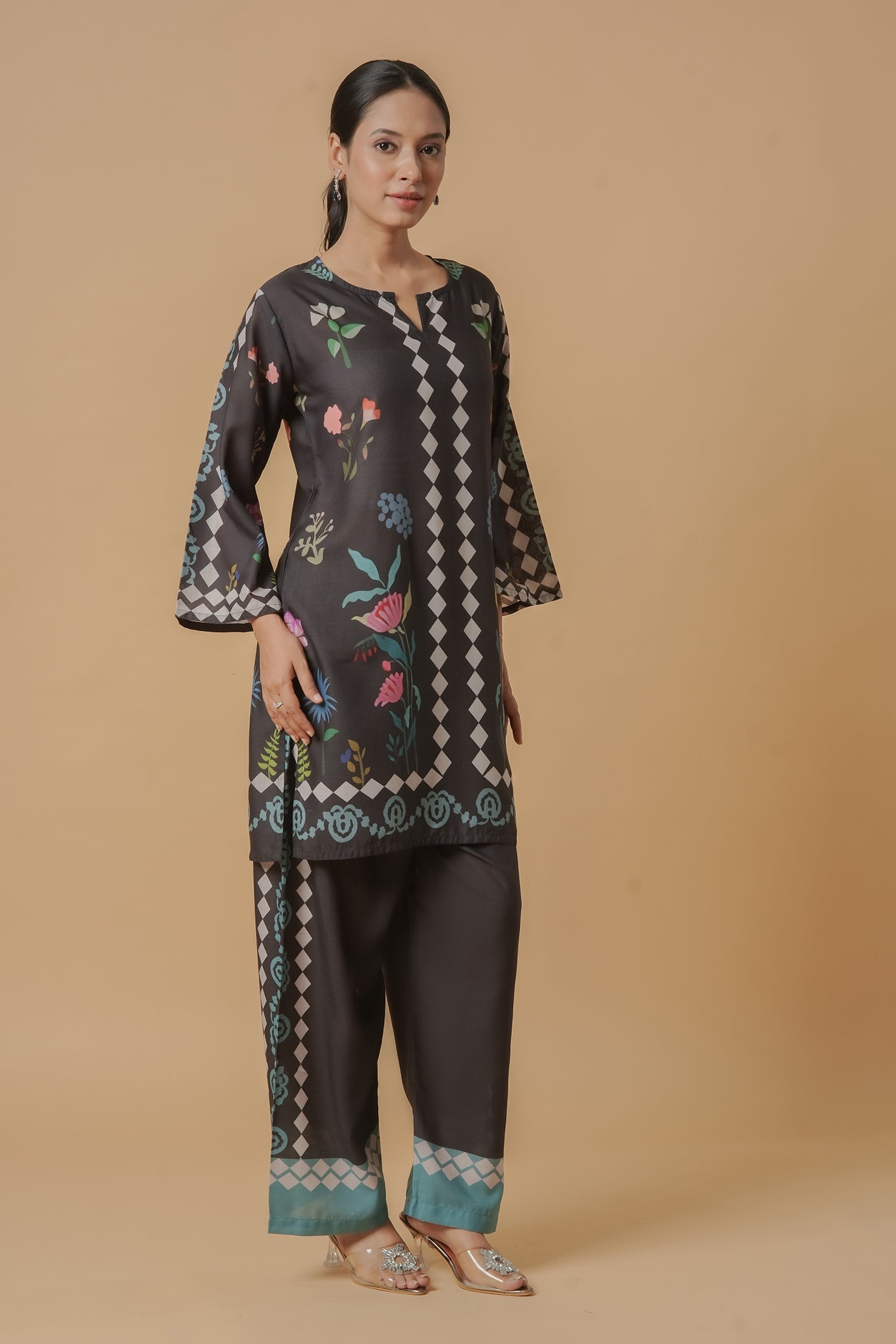 Mauli in Lawn Cotton Printkari Co-ord Set - Black Print With Straight pant