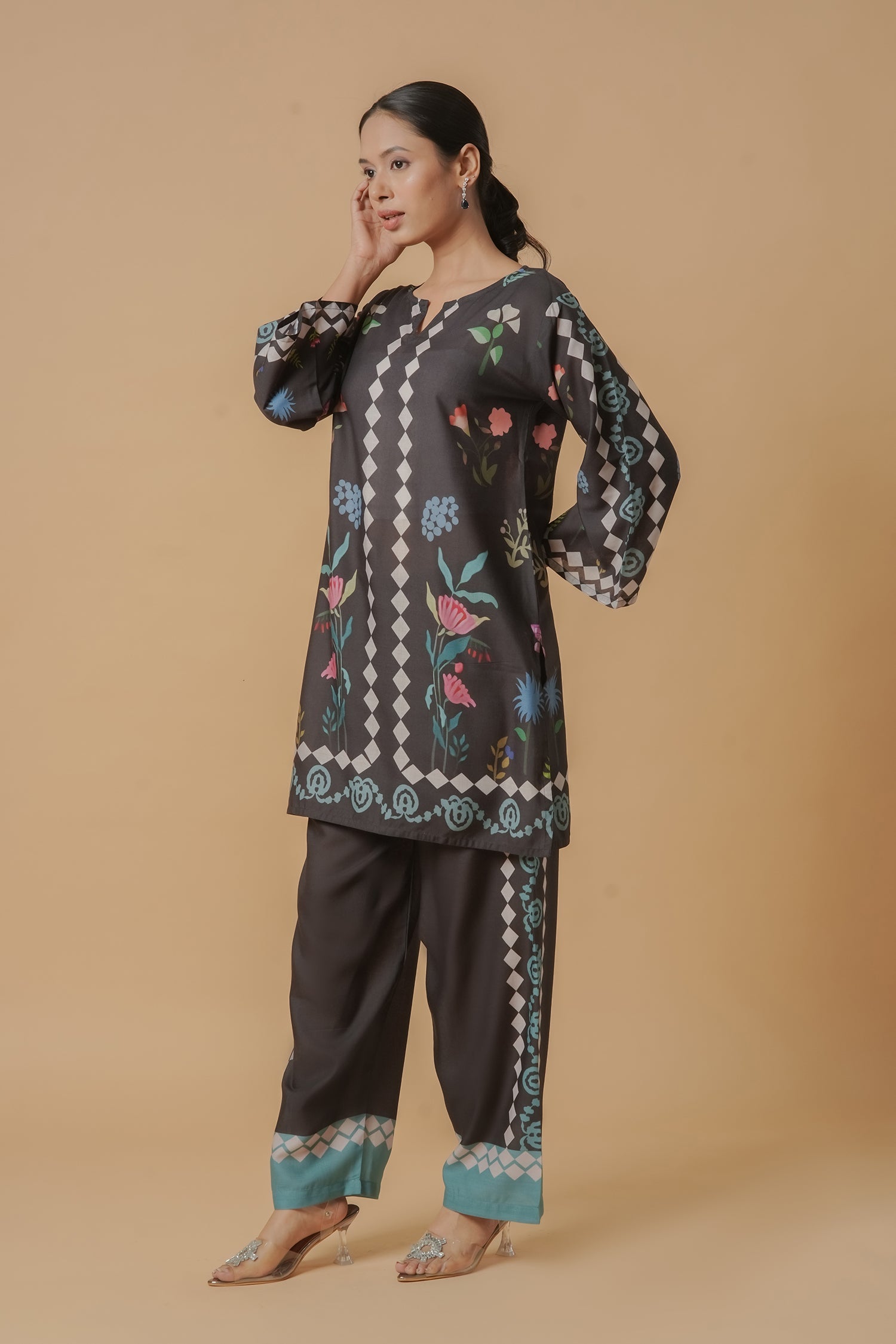 Mauli in Lawn Cotton Printkari Co-ord Set - Black Print With Straight pant
