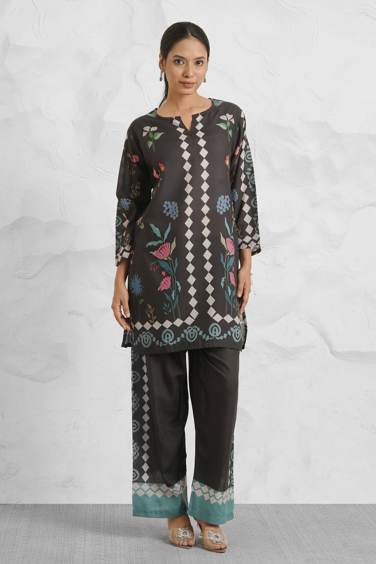 Lawn Cotton Printkari Co-ord Set - Black Print With Straight pant