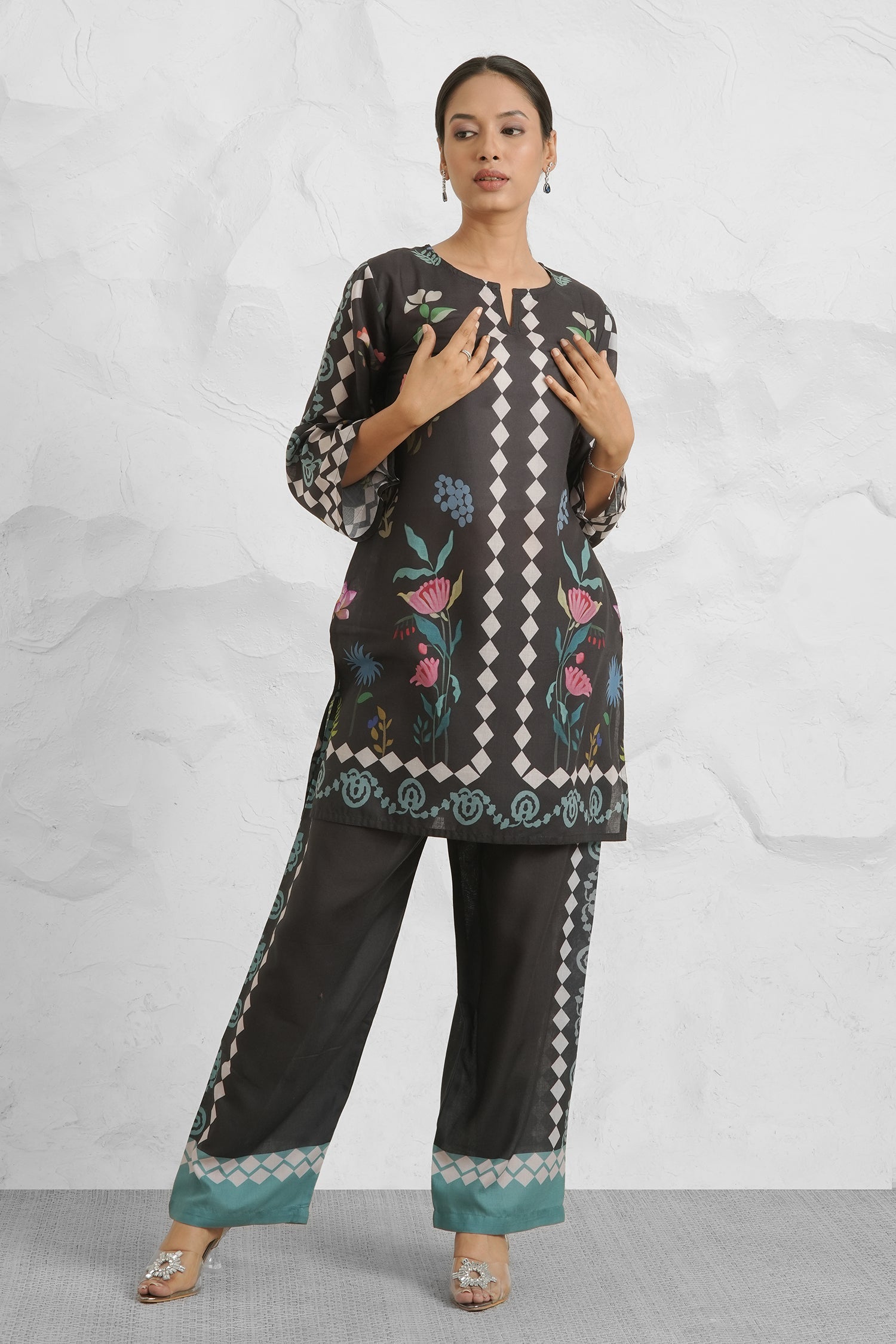 Lawn Cotton Printkari Co-ord Set - Black Print With Straight pant