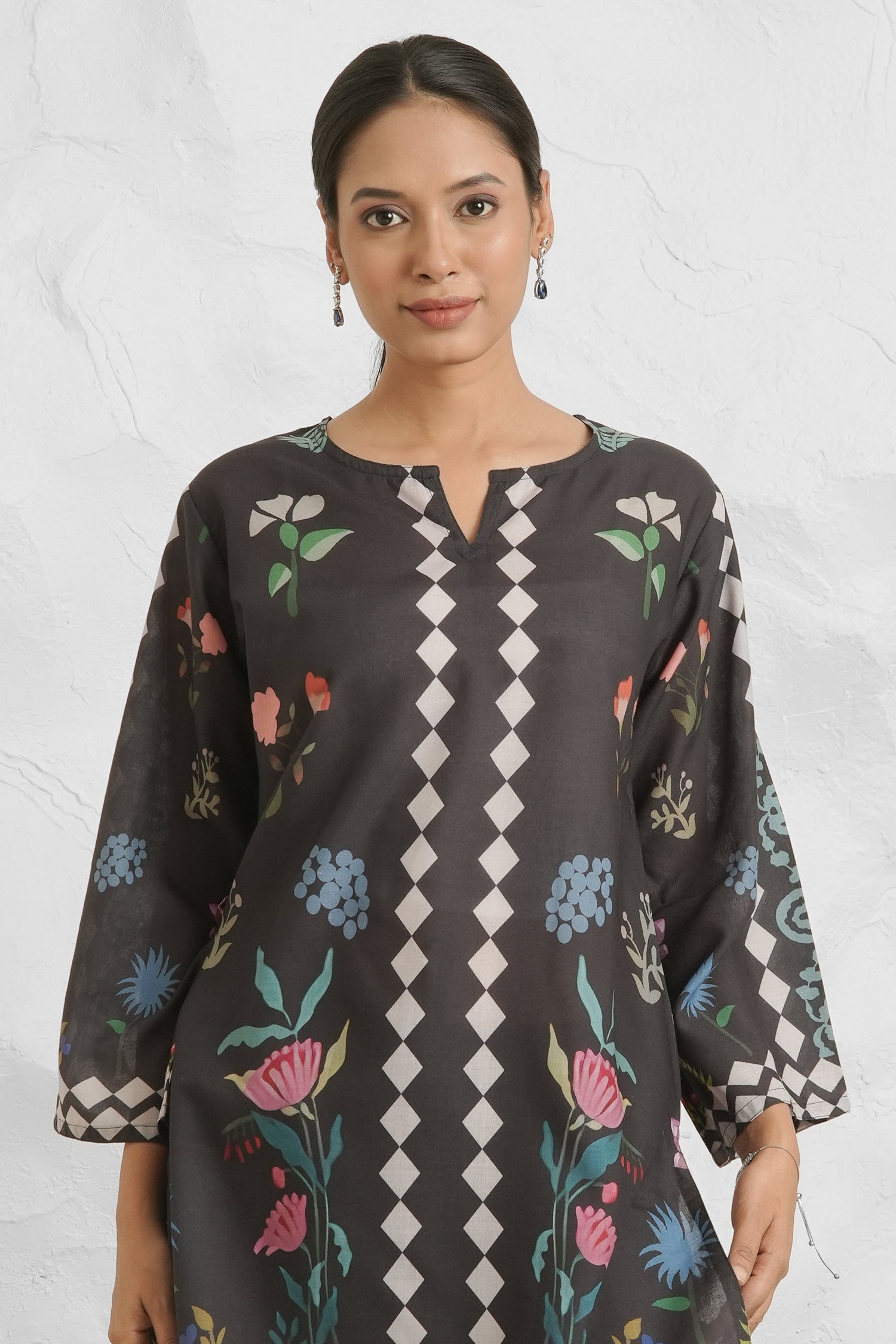 Lawn Cotton Printkari Co-ord Set - Black Print With Straight pant