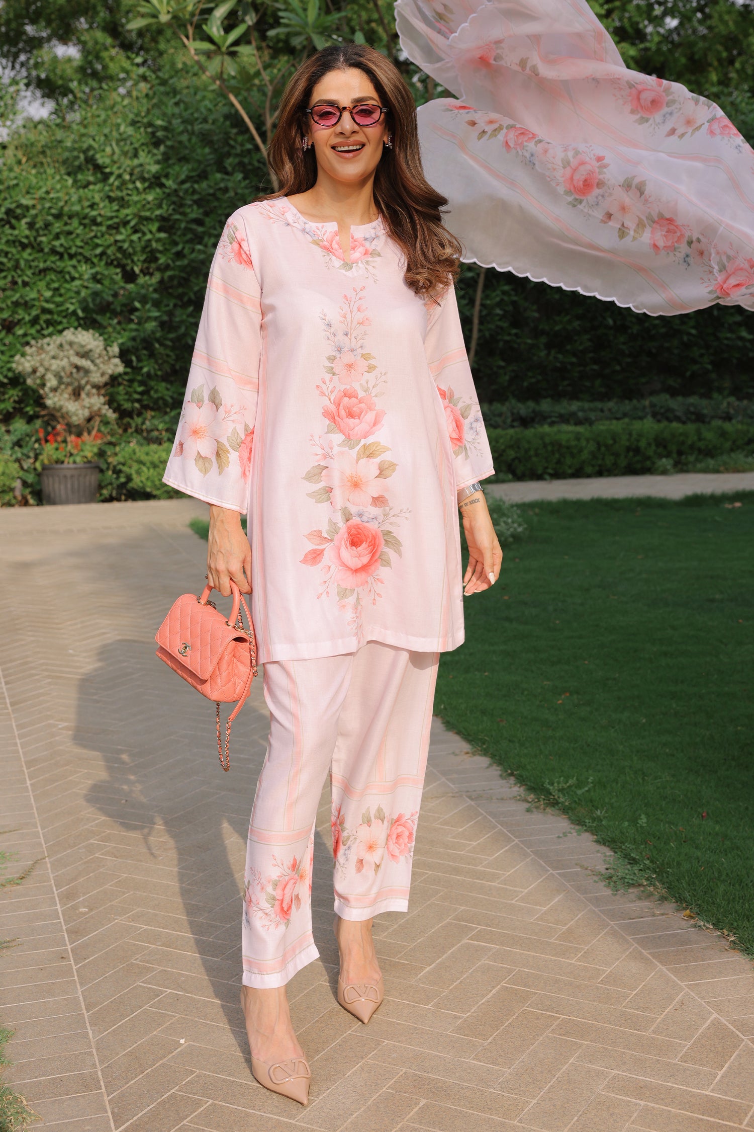 Priyanka x HOK in Blush Pink Floral Printed Lawn Cotton Kurta Set with Straight Pants