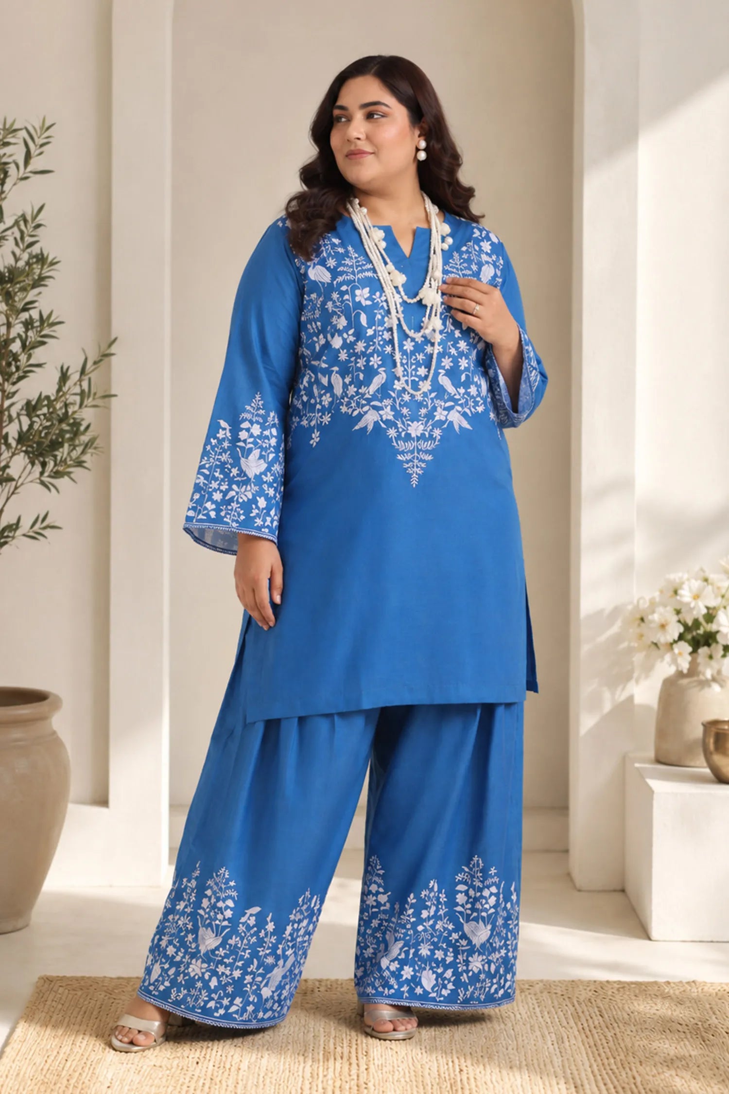 Plus Size - Indigo Blue Printed Lawn Cotton Co-ord Set with Farsi Pants