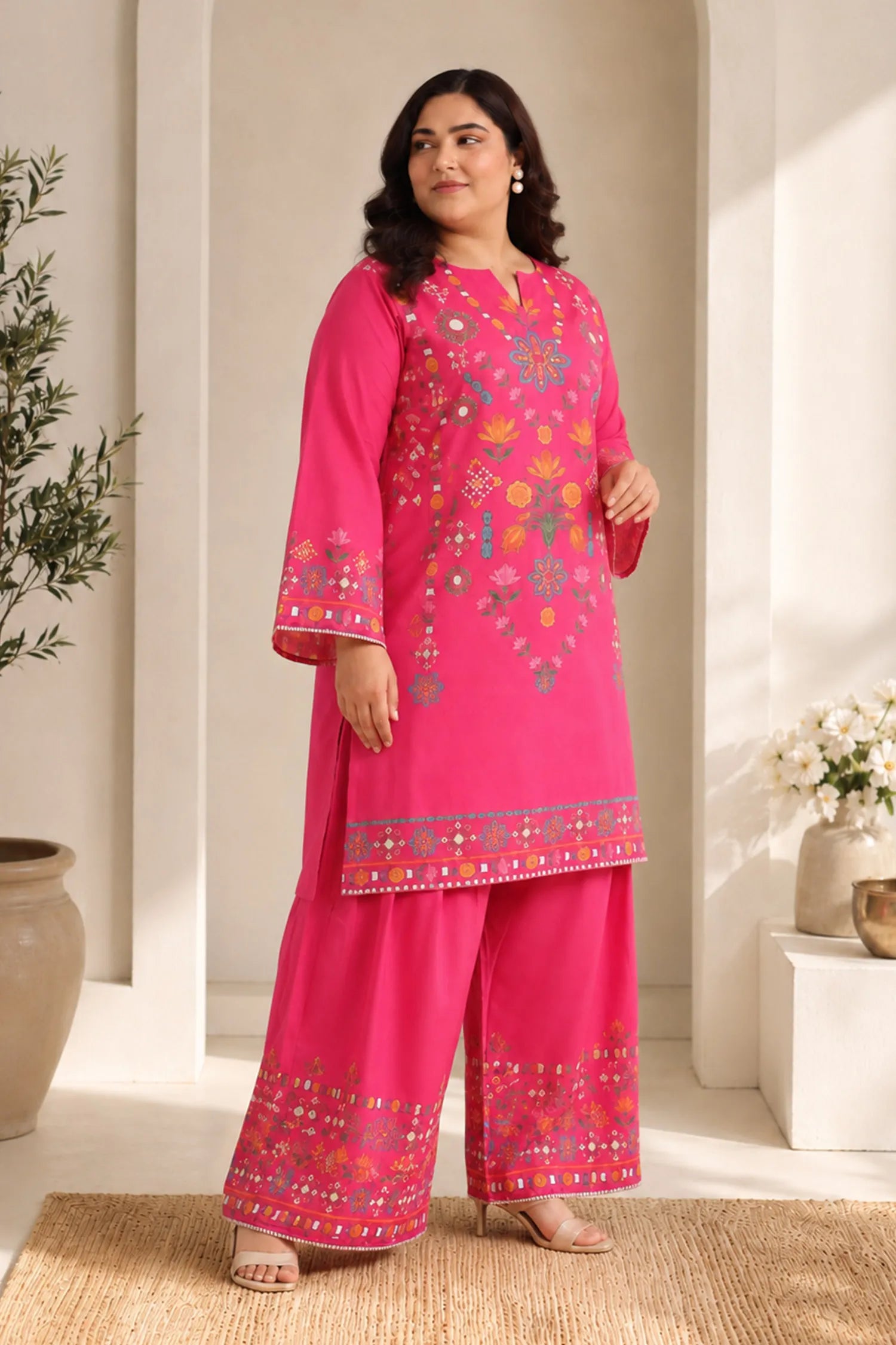 Plus Size - Raspberry Pink Printed Lawn Cotton Co-ord Set with Farsi Pants