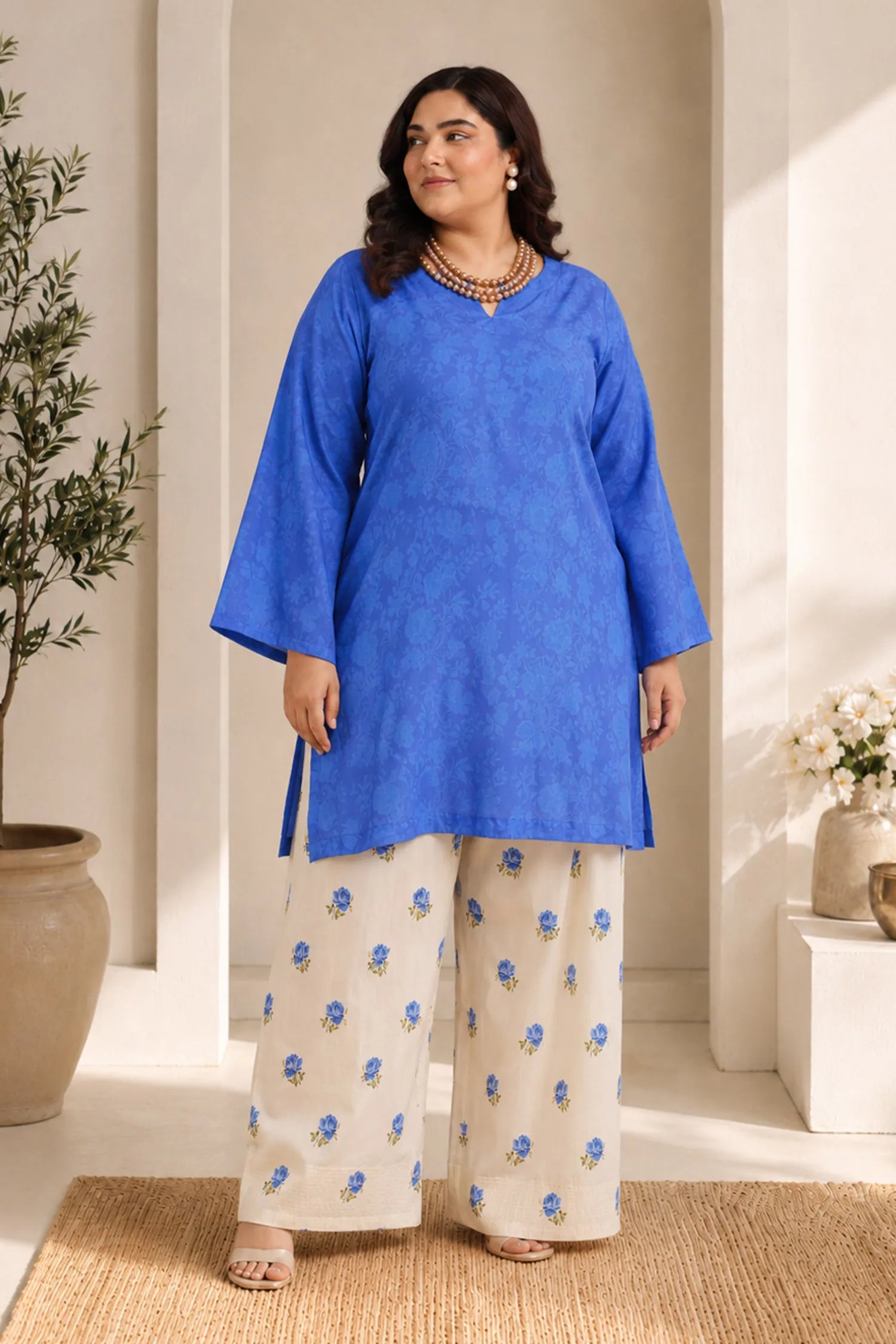 Plus Size - Blue Printed Lawn Cotton Co-ord Set with Farsi Pants